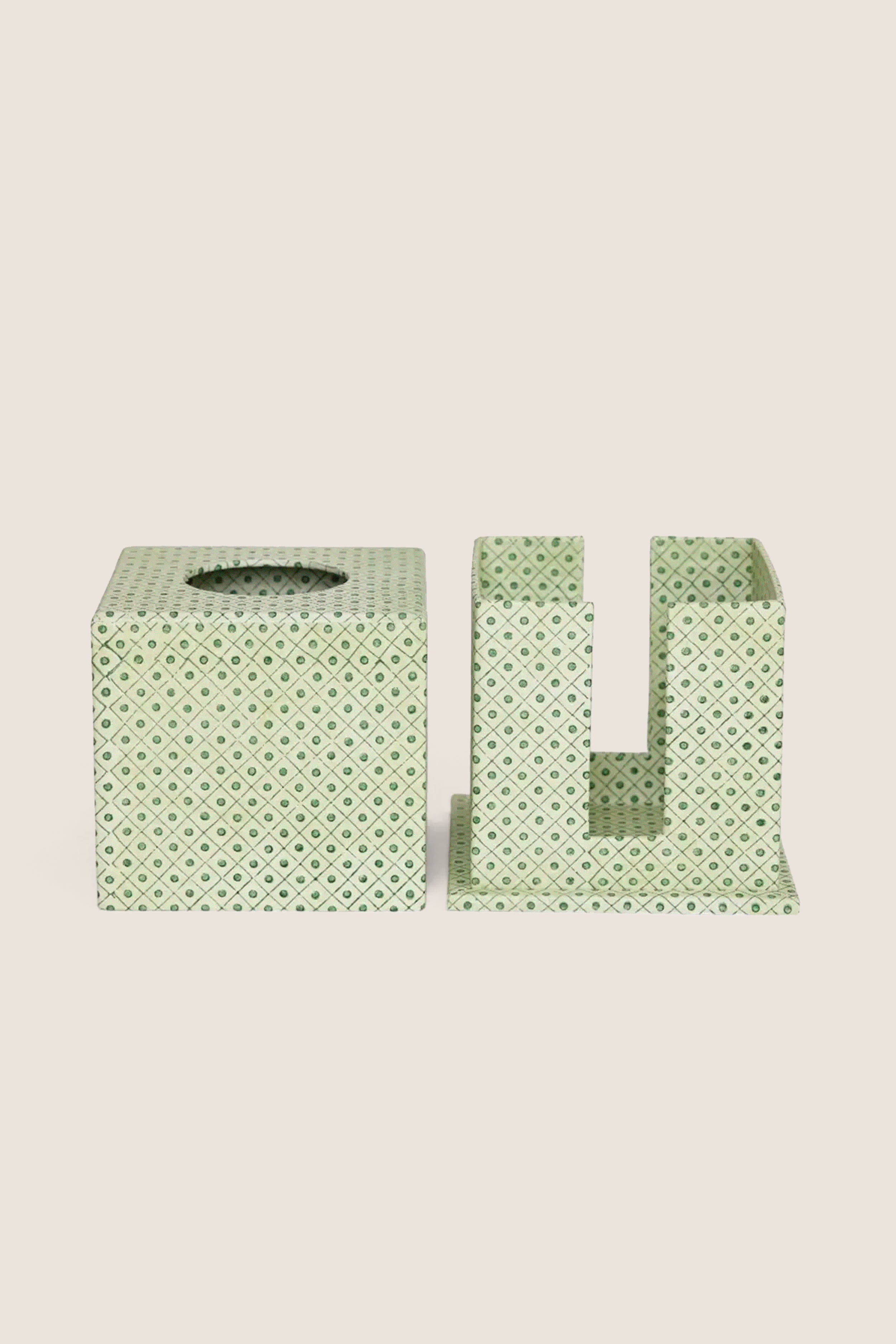 Dot and Grid Green Screen Printed Square Tissue Box