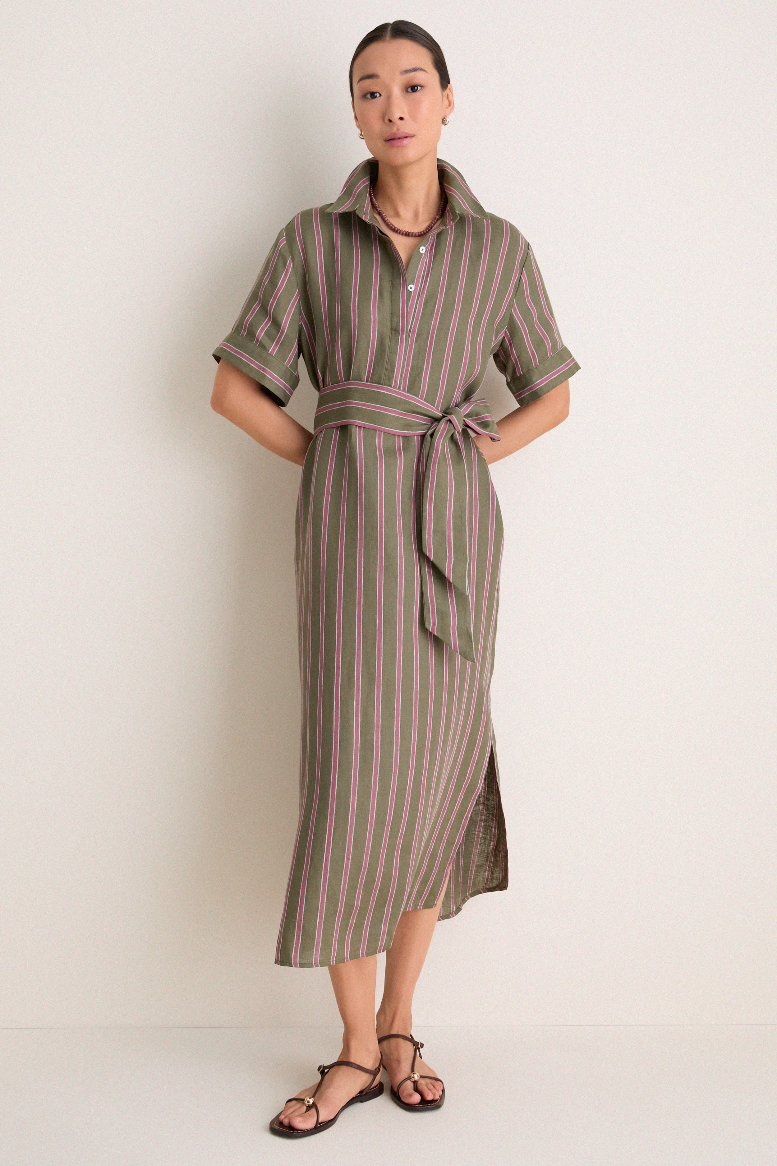 Olive and Raspberry Stripe Linen Milano Shirt Dress