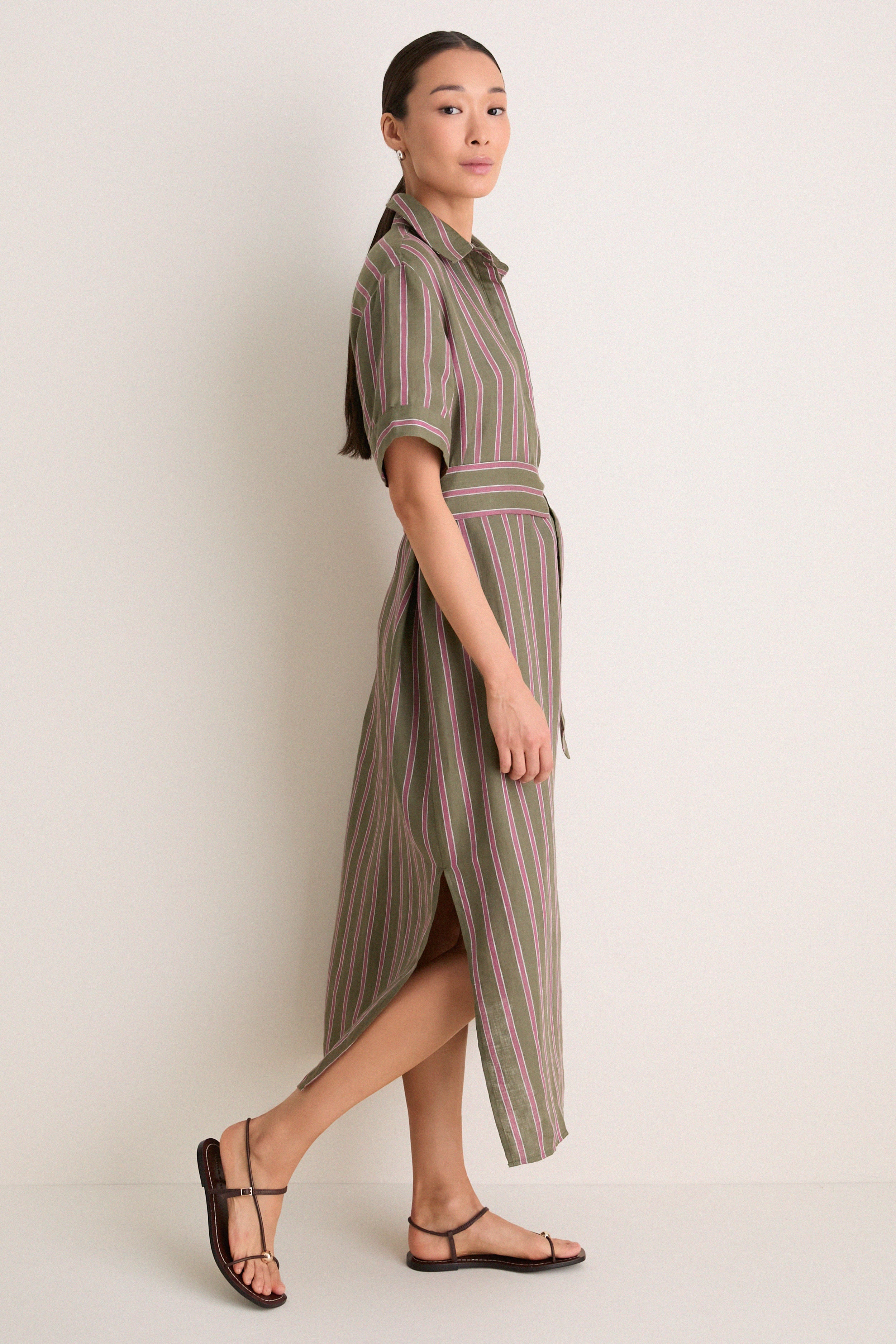Olive and Raspberry Stripe Linen Milano Shirt Dress | Tuckernuck