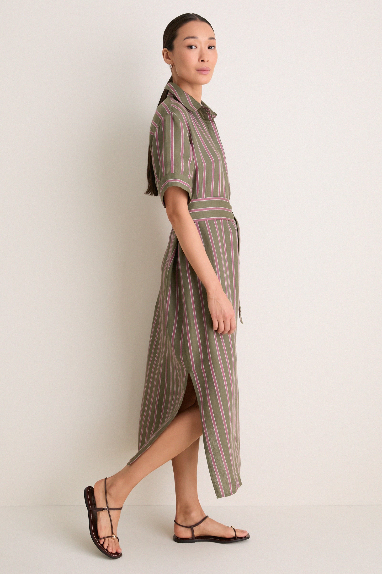 Olive and Raspberry Stripe Linen Milano Shirt Dress