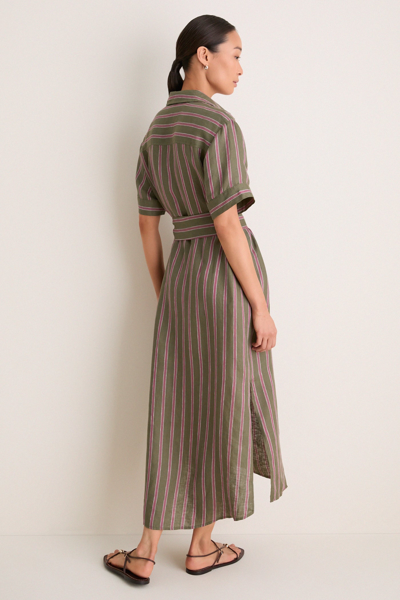 Tuckernuck Olive and Raspberry Stripe Linen Milano Shirt Dress Olive and Raspberry Stripe / XS