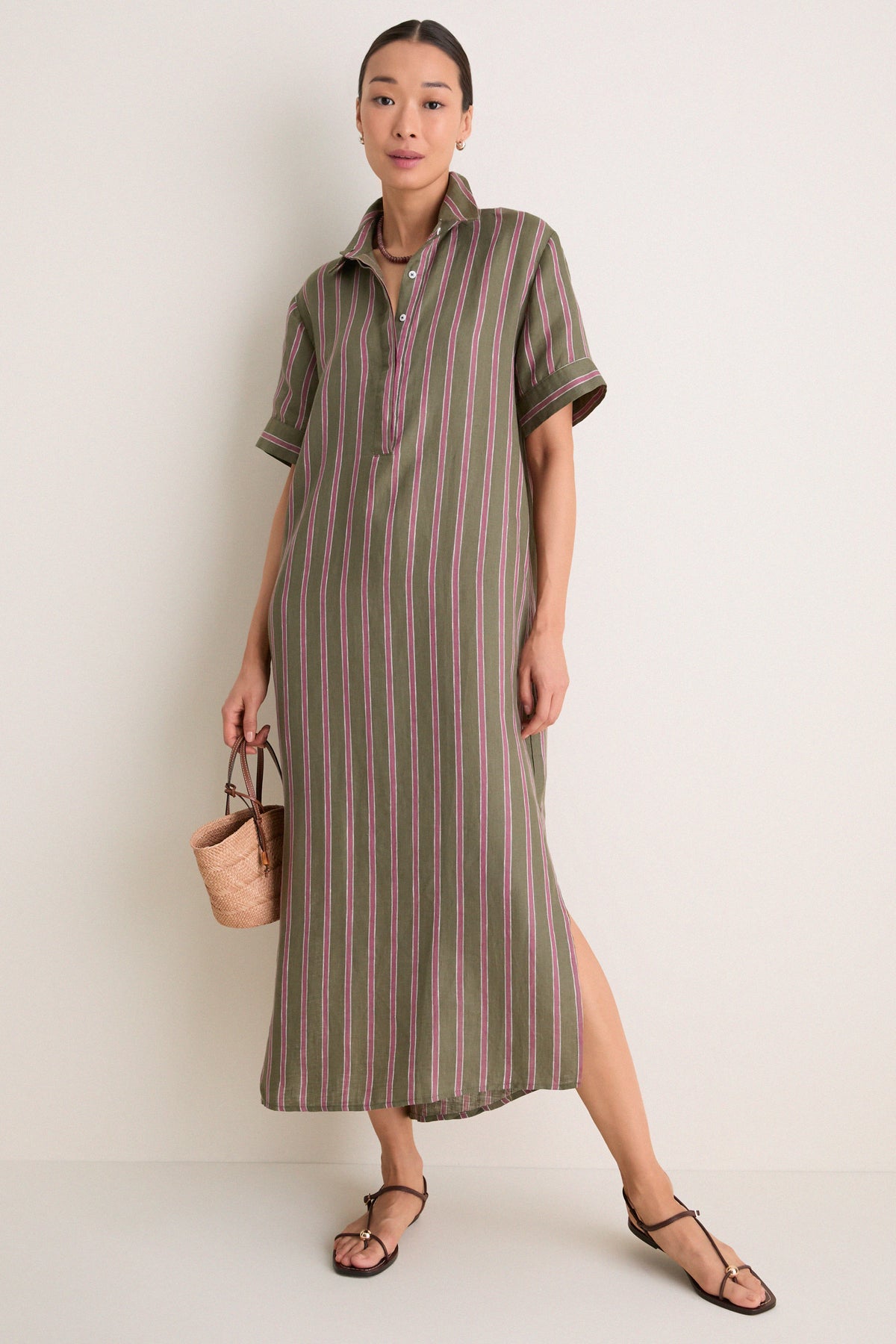 Olive and Raspberry Stripe Linen Milano Shirt Dress
