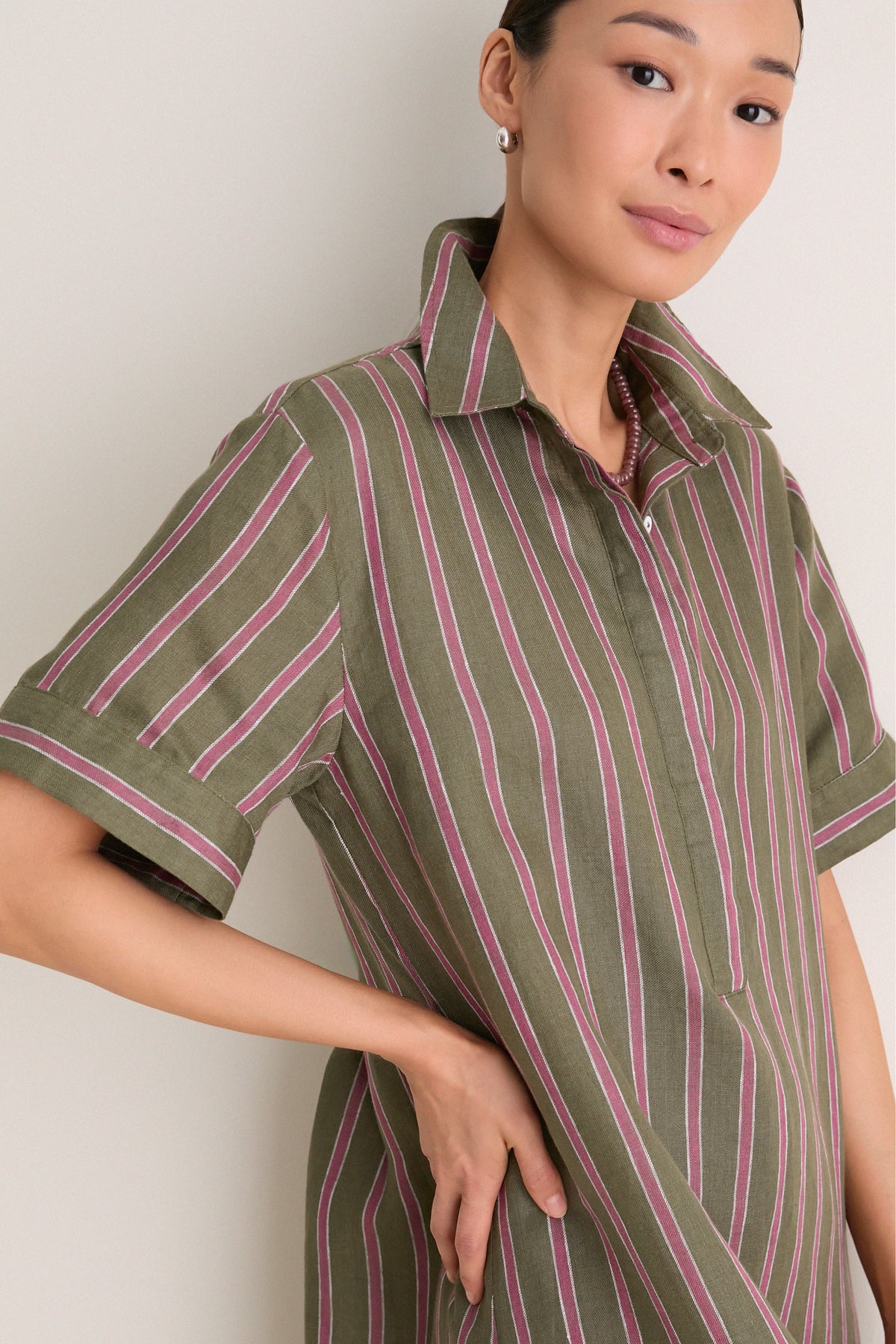 Tuckernuck Olive and Raspberry Stripe Linen Milano Shirt Dress Olive and Raspberry Stripe / XS