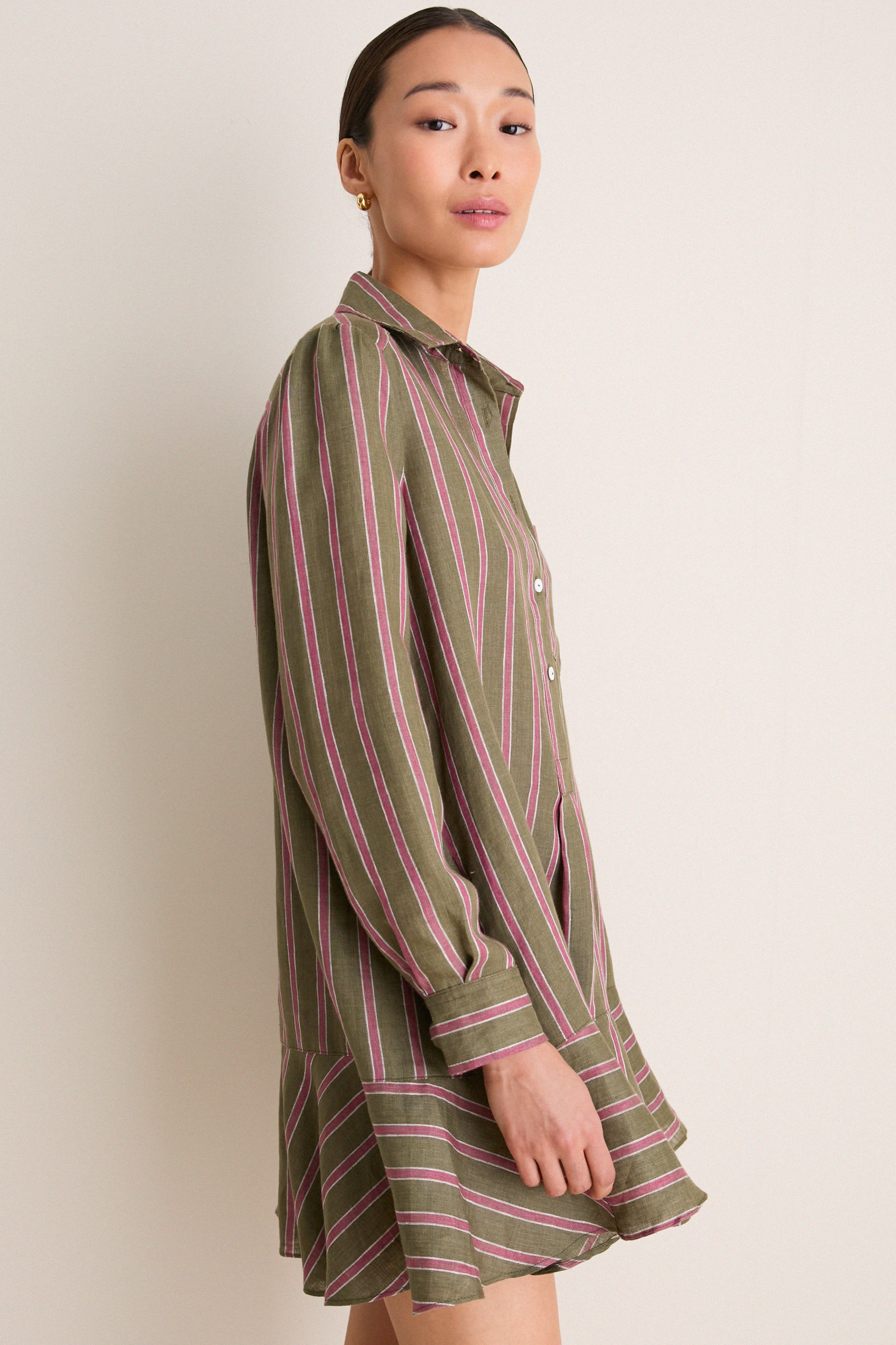 Olive and Raspberry Stripe Linen Callahan Dress