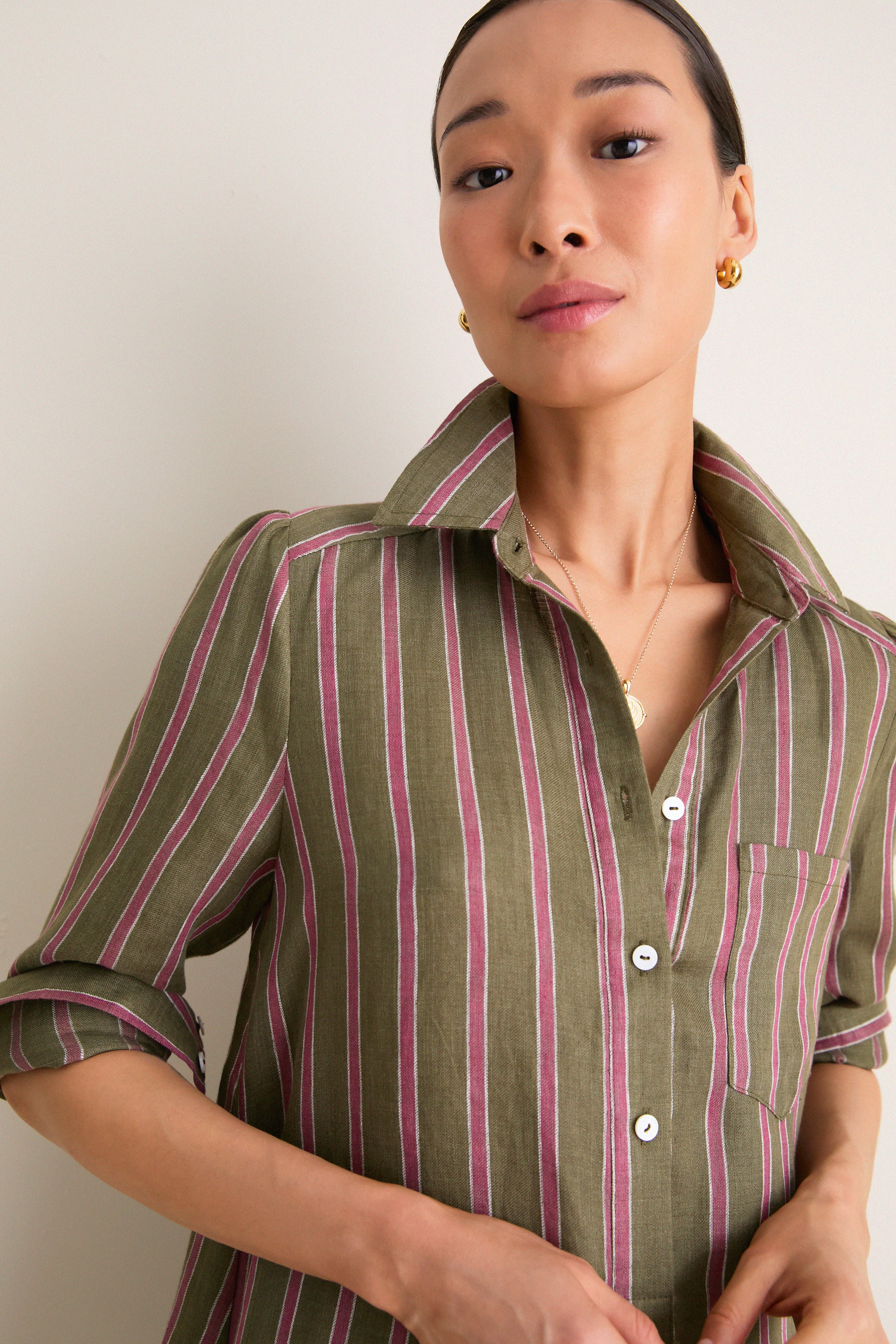 Olive and Raspberry Stripe Linen Callahan Dress