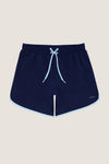Navy Boardie: Classic navy shorts with light-blue trim and drawstring, featuring a wave logo, offering an effortless, fun, and high-end look for water activities.