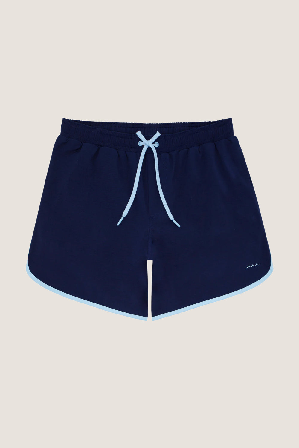 Navy Boardie: Classic navy shorts with light-blue trim and drawstring, featuring a wave logo, offering an effortless, fun, and high-end look for water activities.