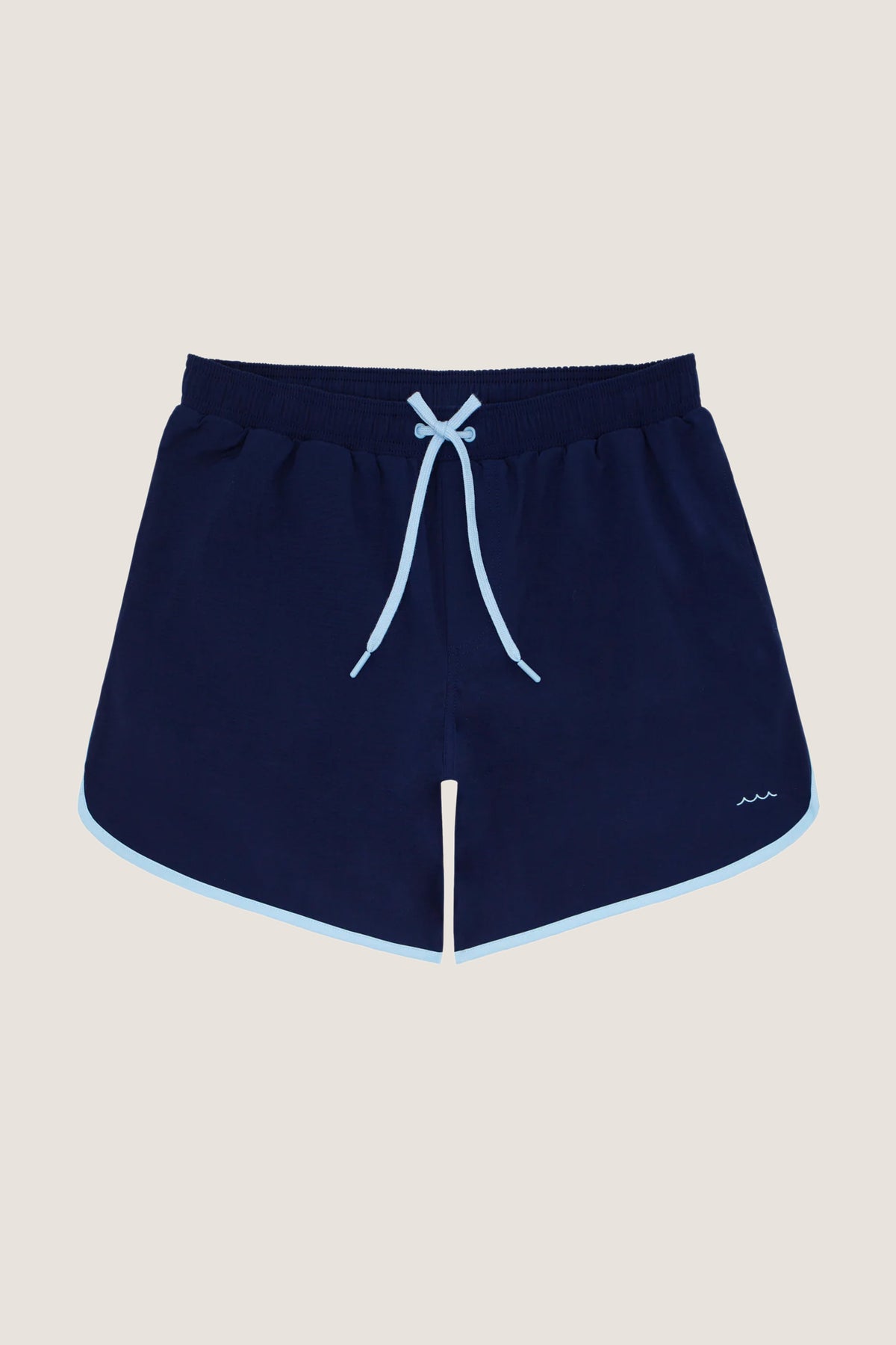 Navy Boardie: Classic navy shorts with light-blue trim and drawstring, featuring a wave logo, offering an effortless, fun, and high-end look for water activities.