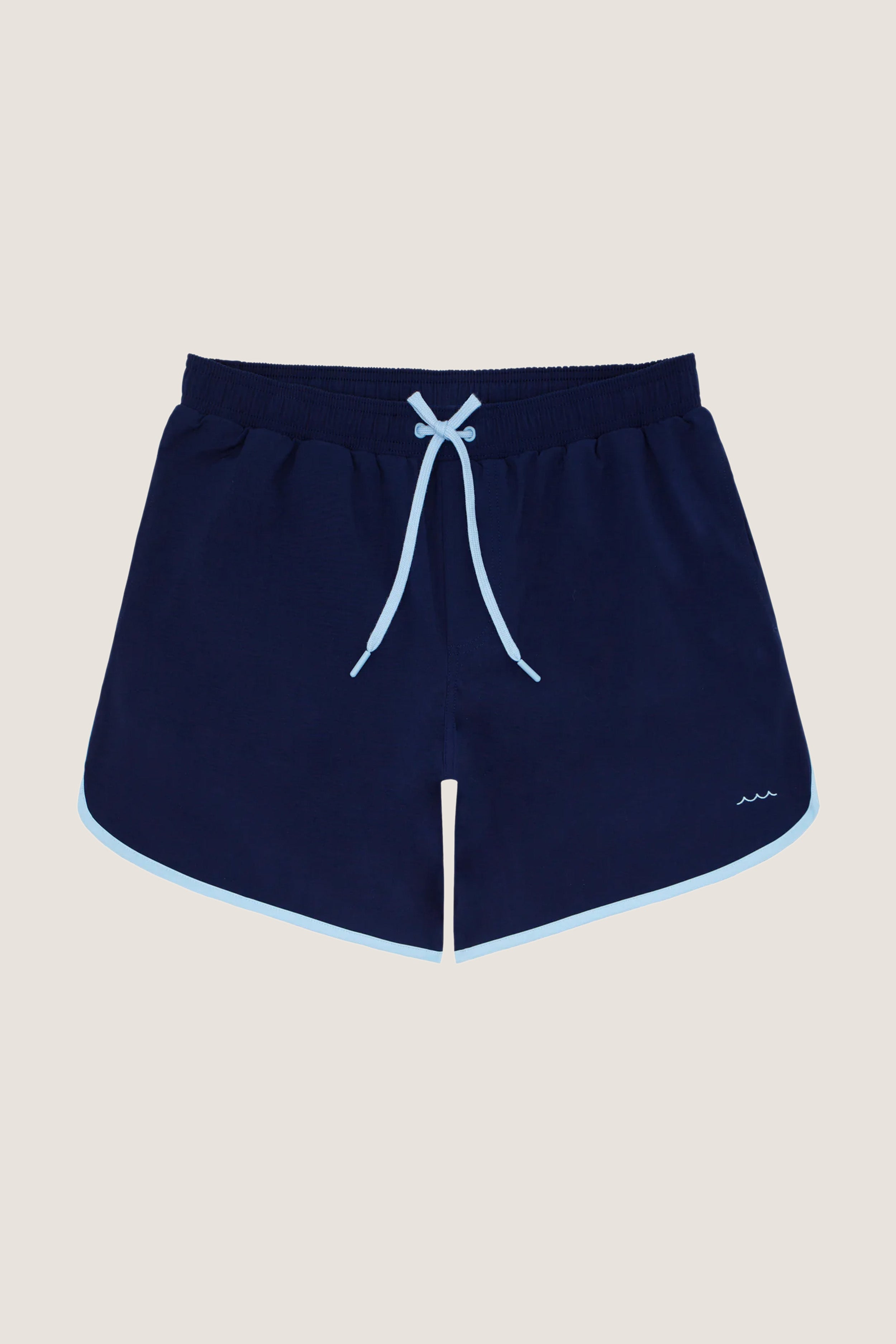 Navy Boardie: Classic navy shorts with light-blue trim and drawstring, featuring a wave logo, offering an effortless, fun, and high-end look for water activities.