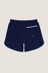 Navy Boardie swim trunks, classic and effortless, feature an elastic drawstring waist, side pockets, and a back patch pocket. High-end design for fun, all-day comfort. 