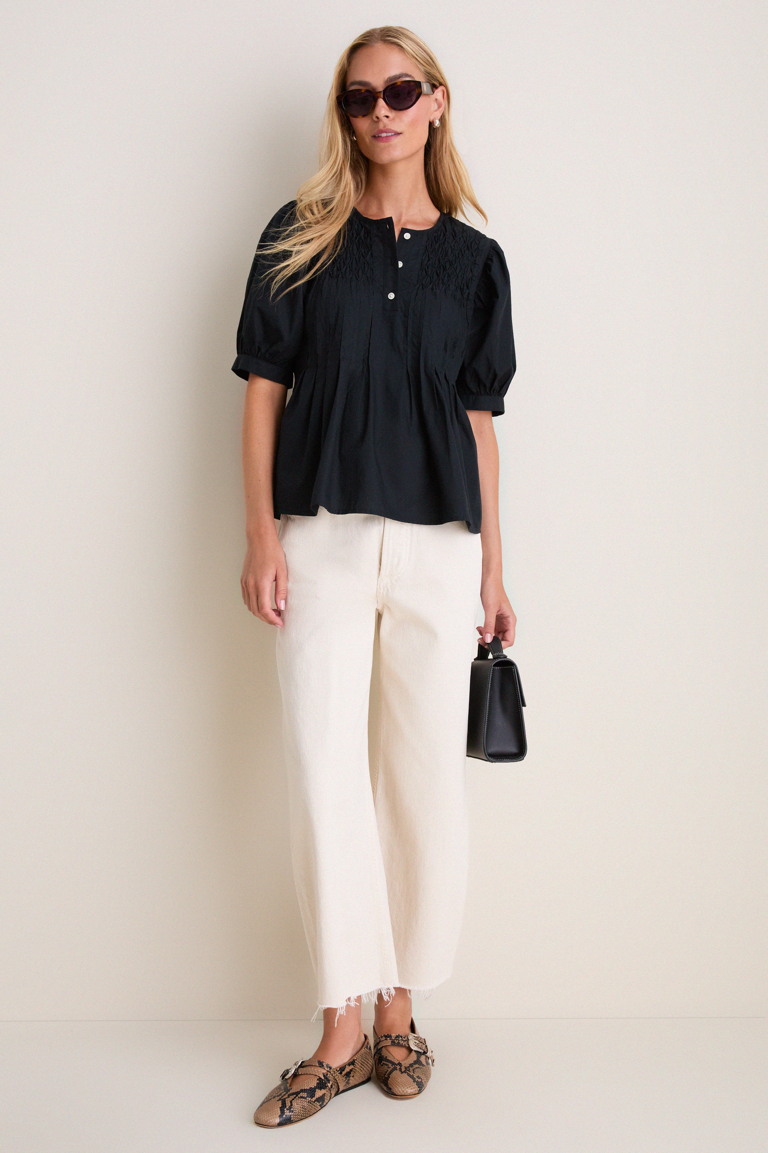 Black Cotton Hand-Smocked Aurora Top