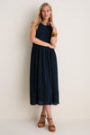 Navy Smocked Chiffon Vanetta Midi Dress