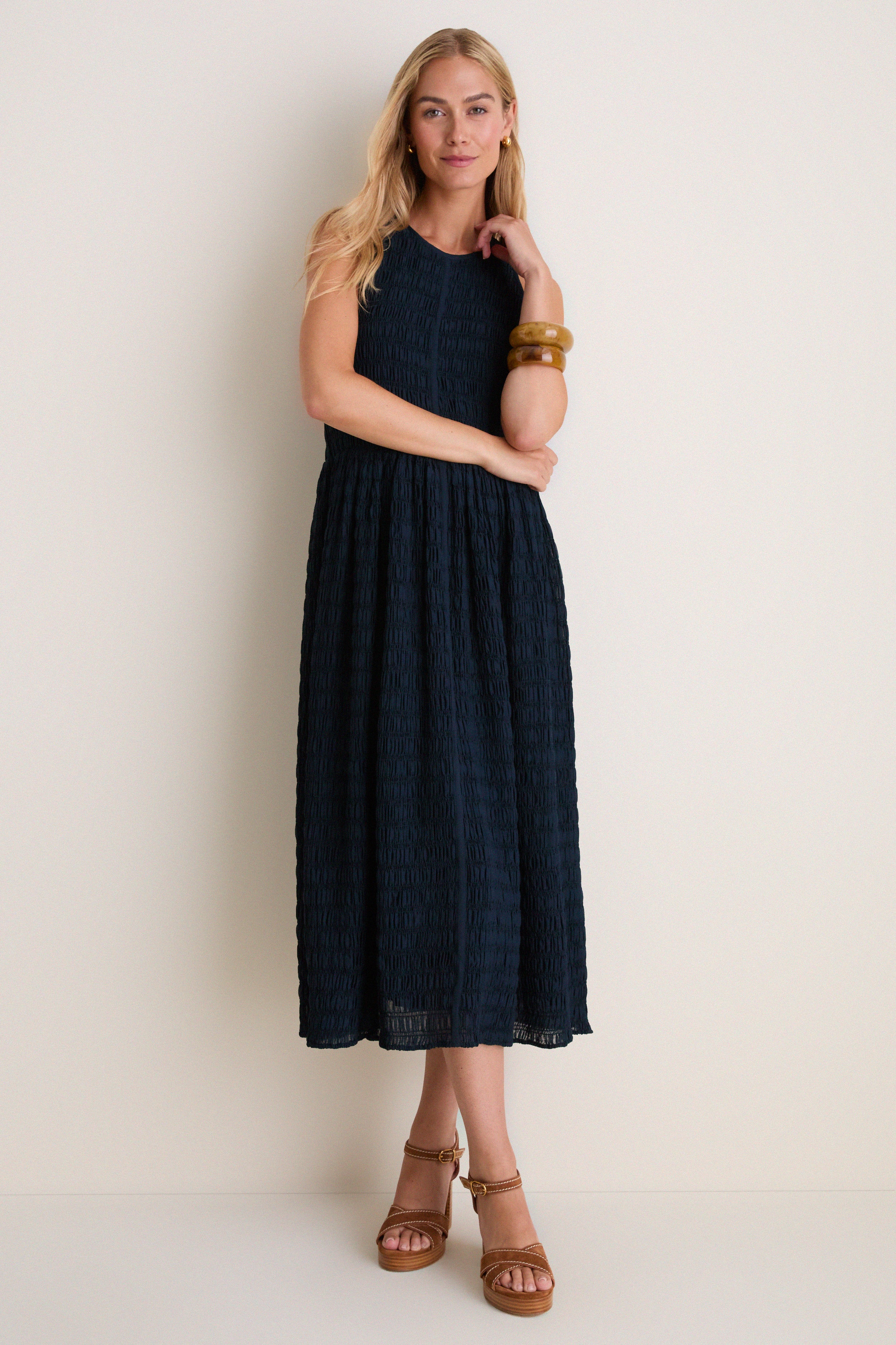 Navy Smocked Chiffon Vanetta Midi Dress