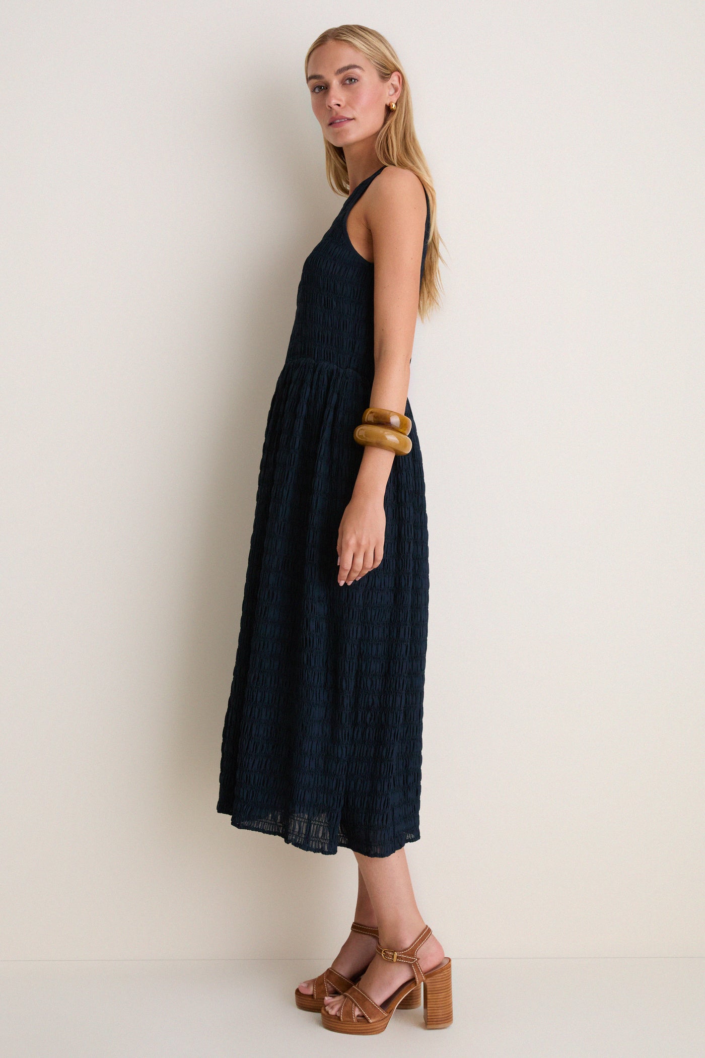 Navy Smocked Chiffon Vanetta Midi Dress