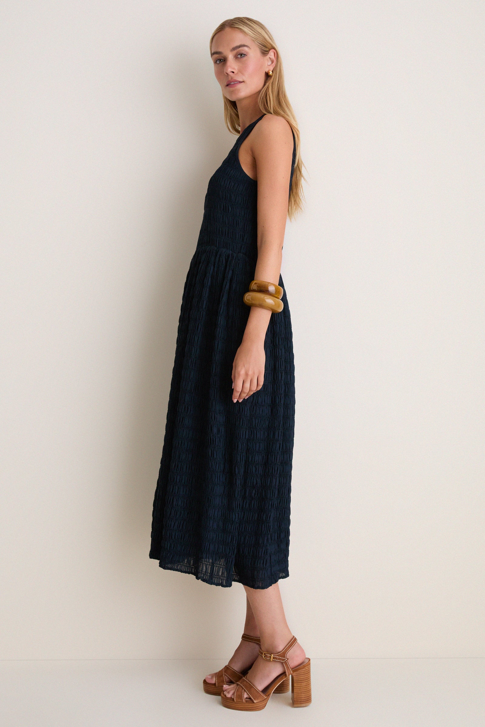 Navy Smocked Chiffon Vanetta Midi Dress