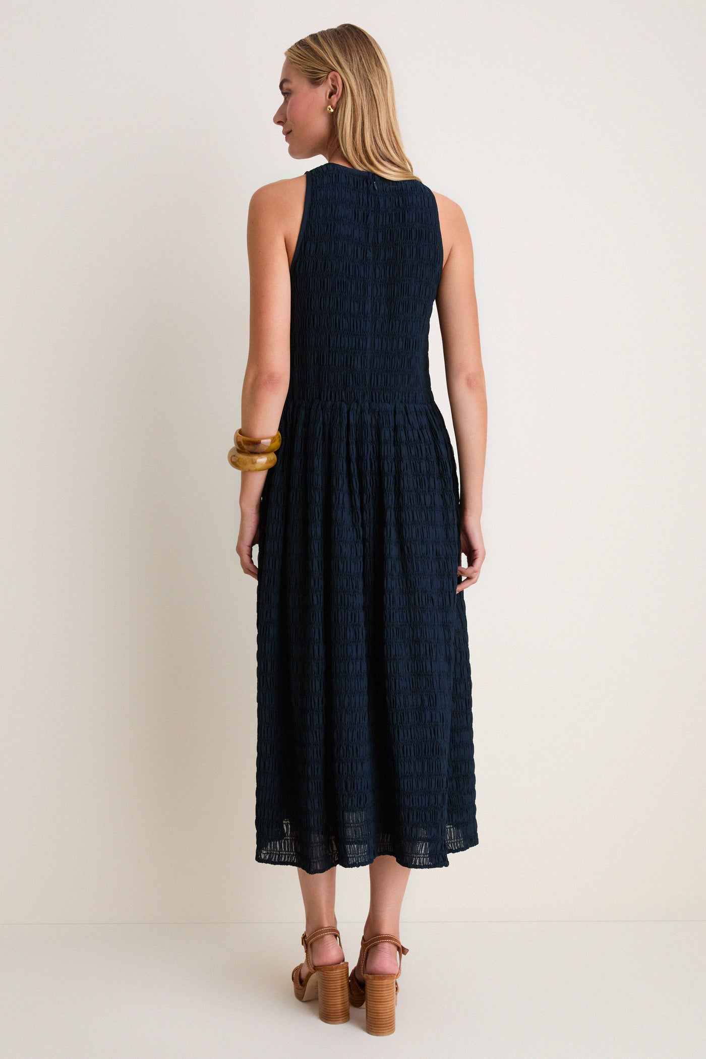 Navy Smocked Chiffon Vanetta Midi Dress