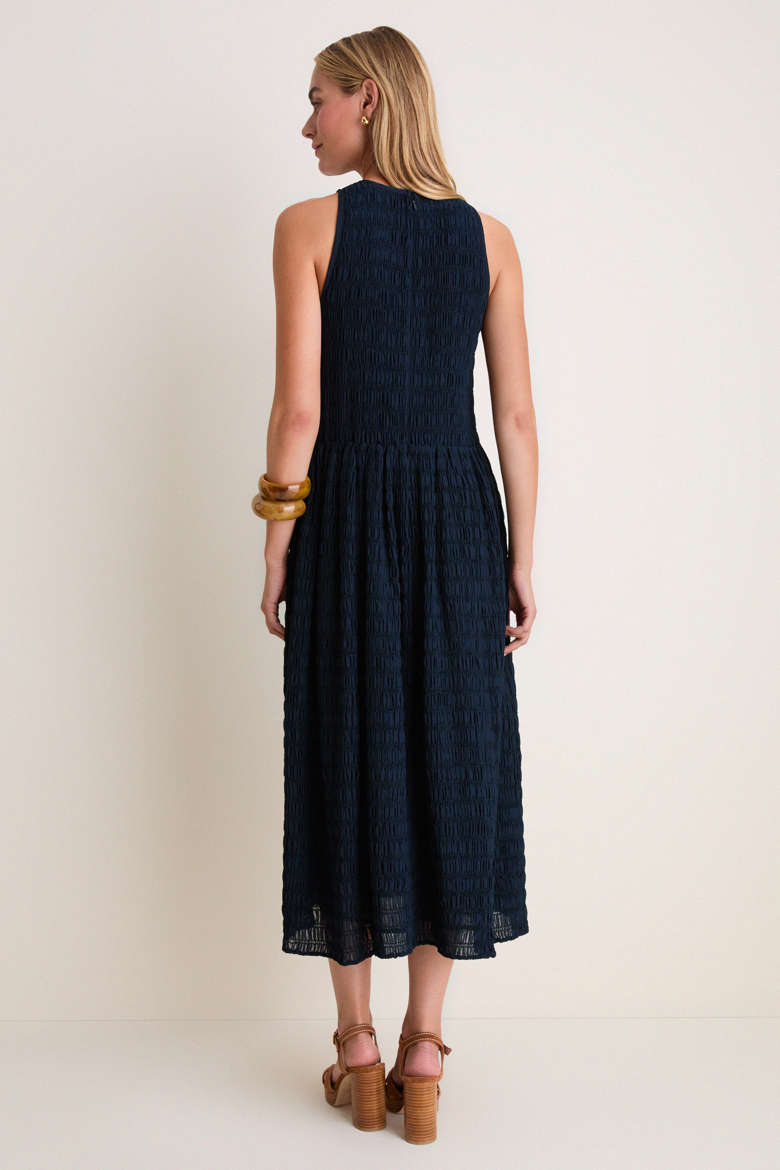 Navy Smocked Chiffon Vanetta Midi Dress