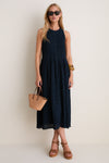 Navy Smocked Chiffon Vanetta Midi Dress