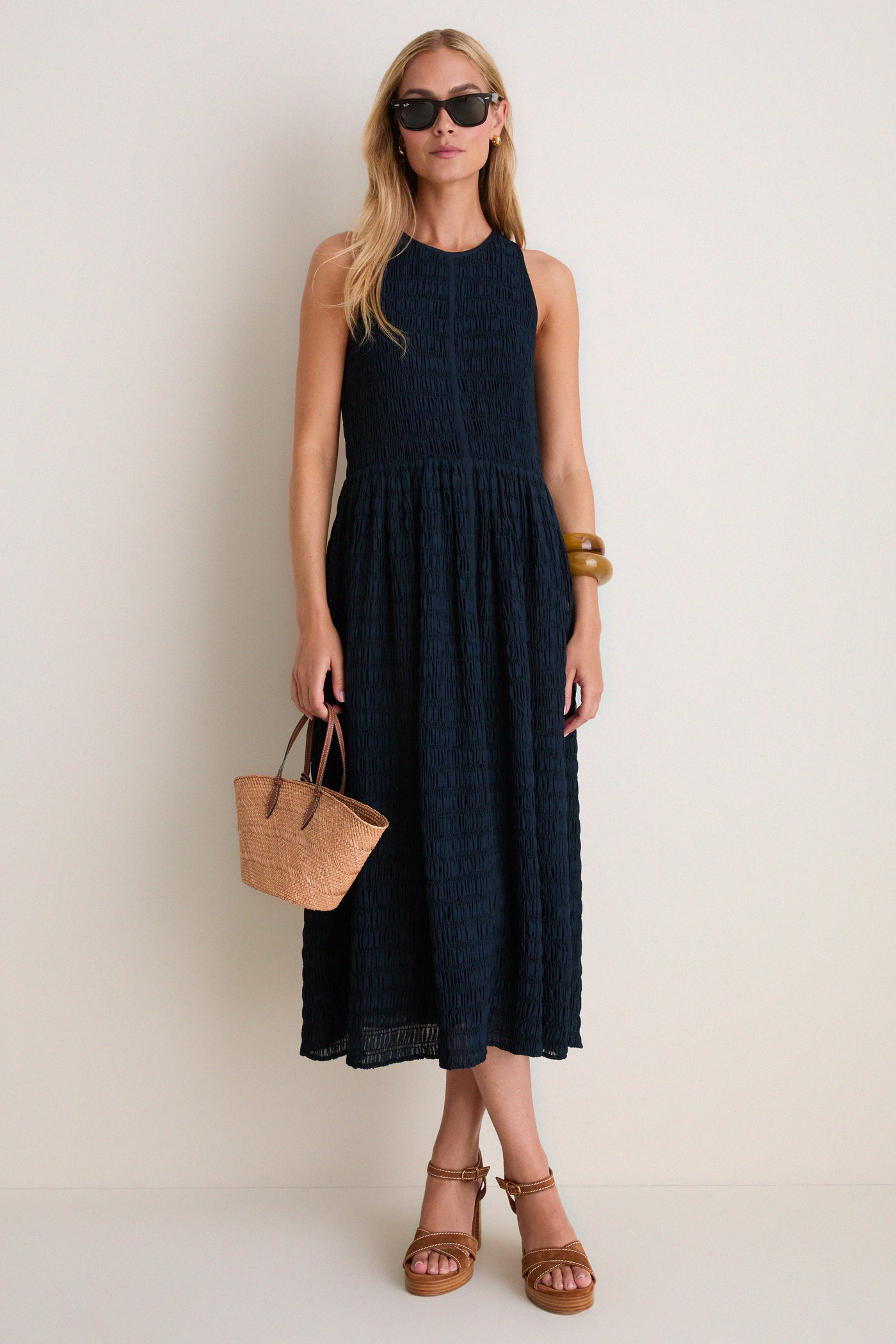 Navy Smocked Chiffon Vanetta Midi Dress