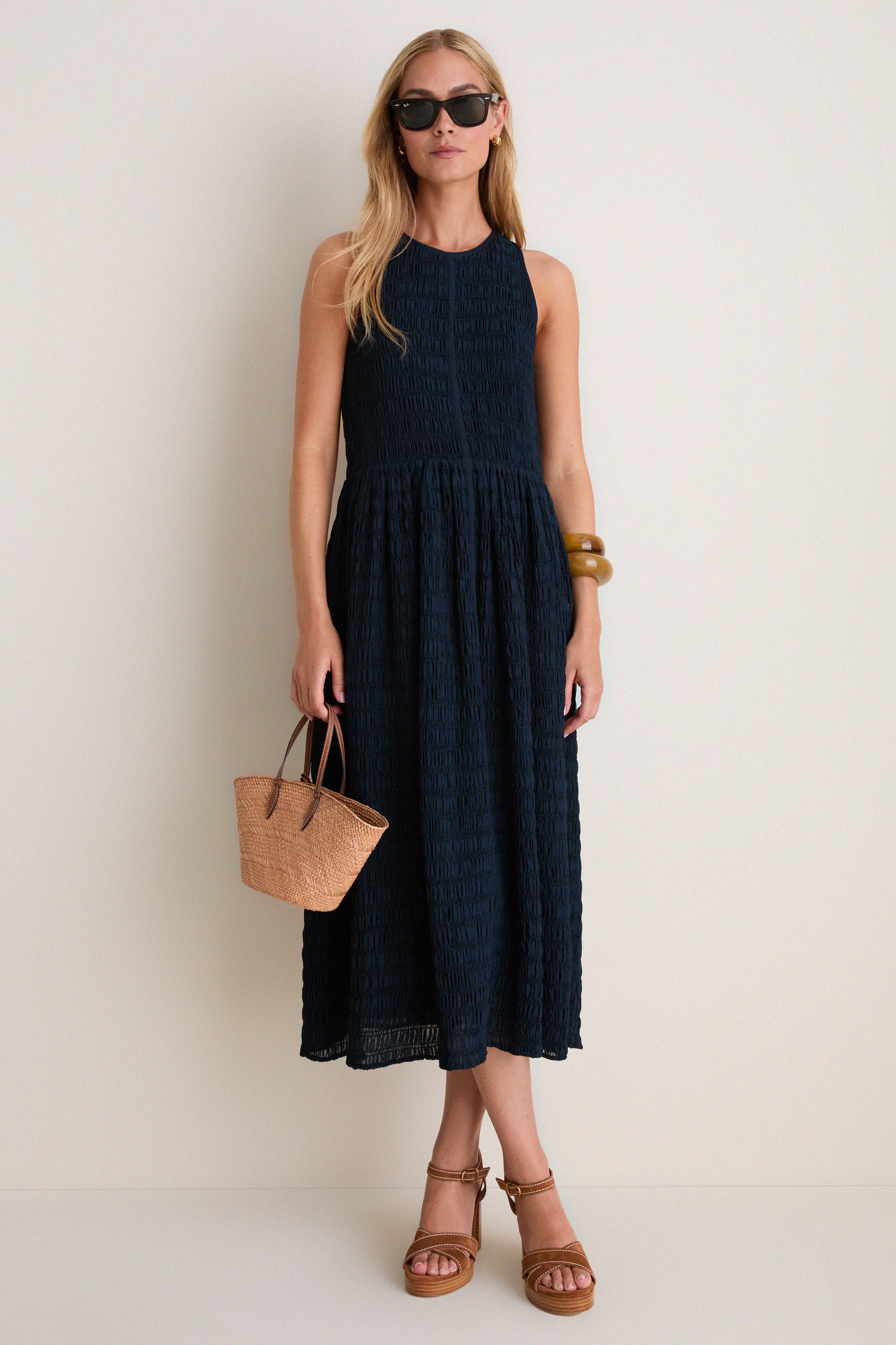 Navy Smocked Chiffon Vanetta Midi Dress
