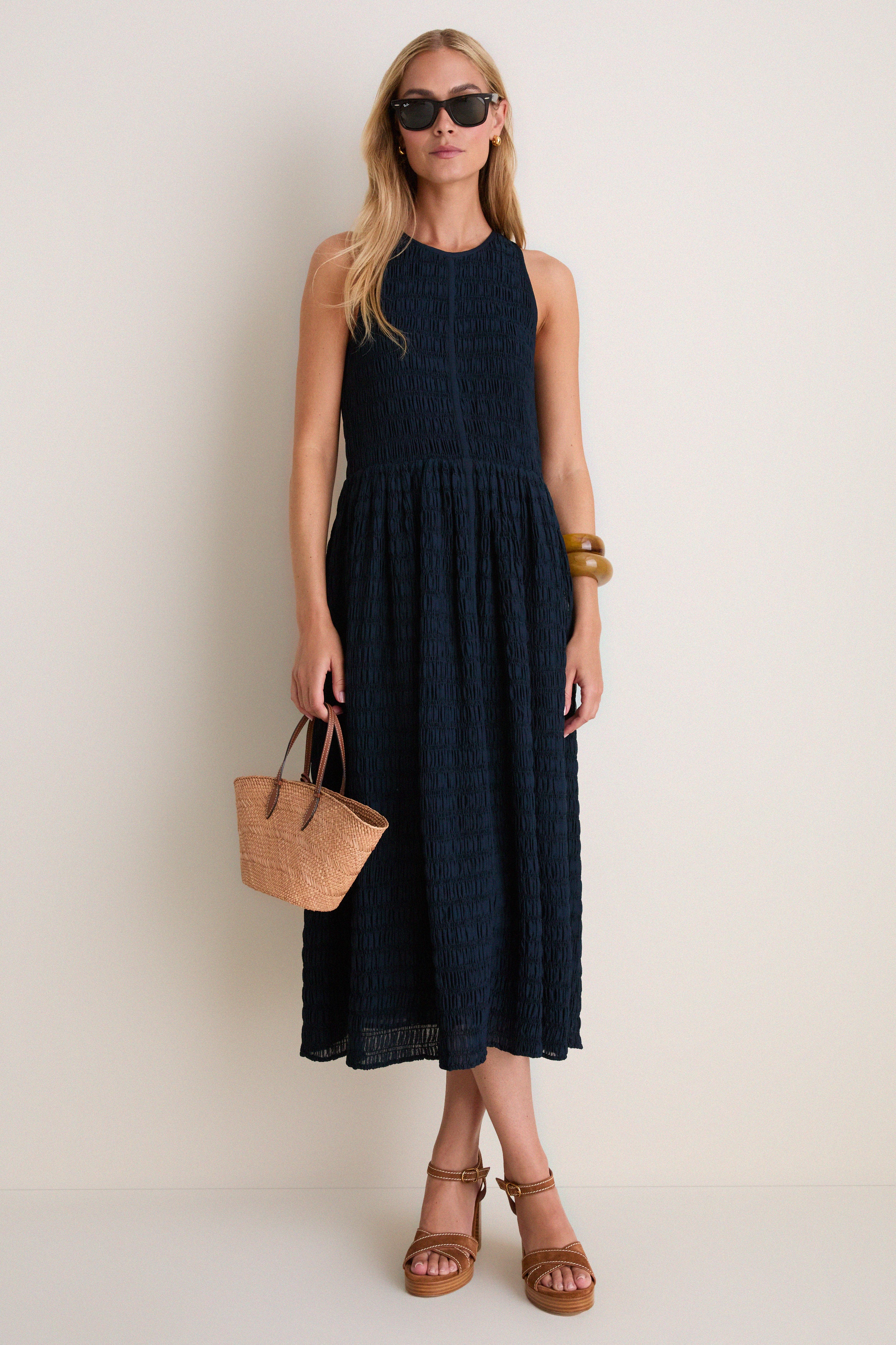 Navy Smocked Chiffon Vanetta Midi Dress