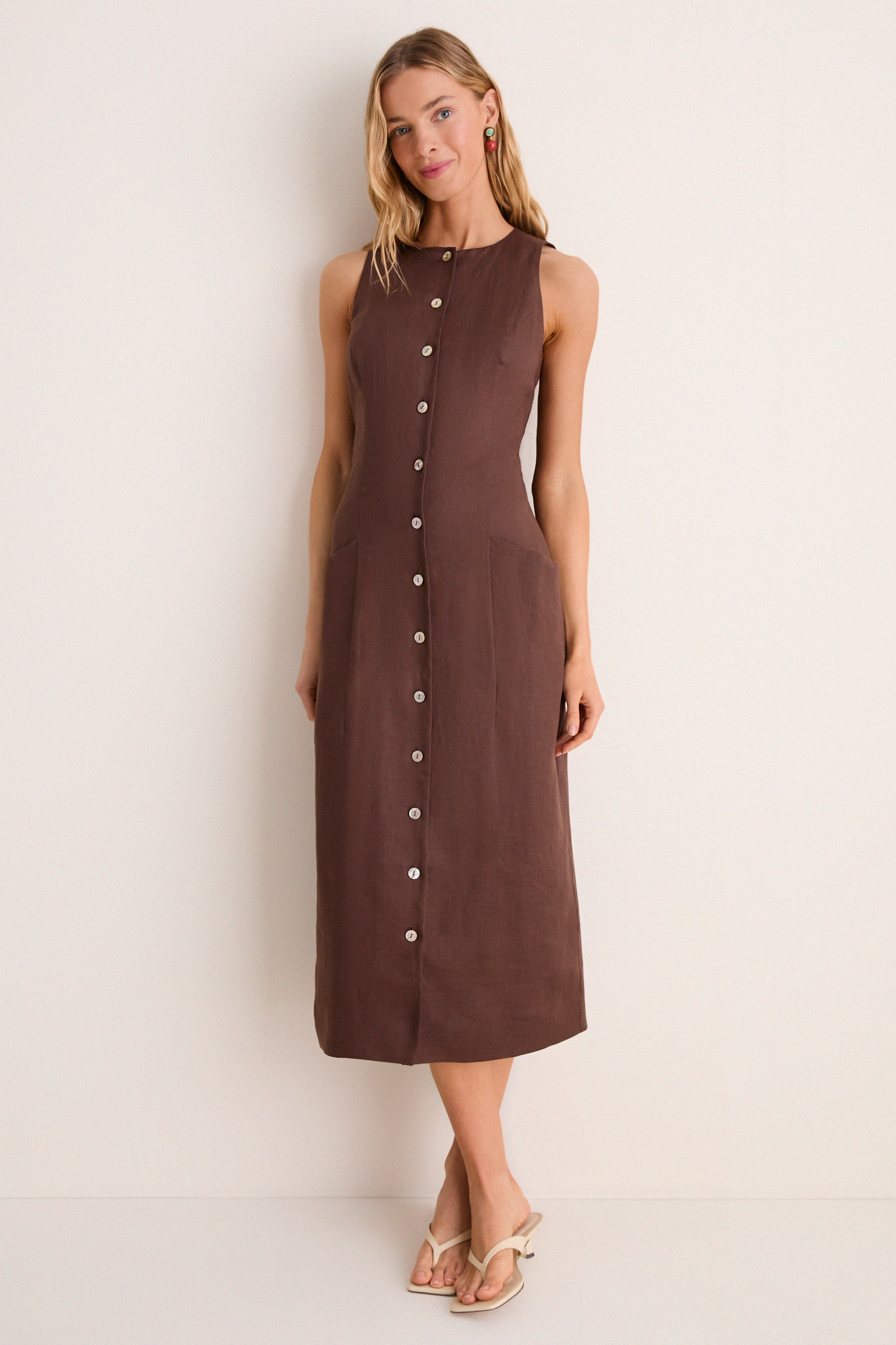 francesca's brown dress Tuckernuck Chestnut Linen Francesca Chestnut / 10 With Slit Sky Blue Size recs Lace Gown Size:2-HEM UP