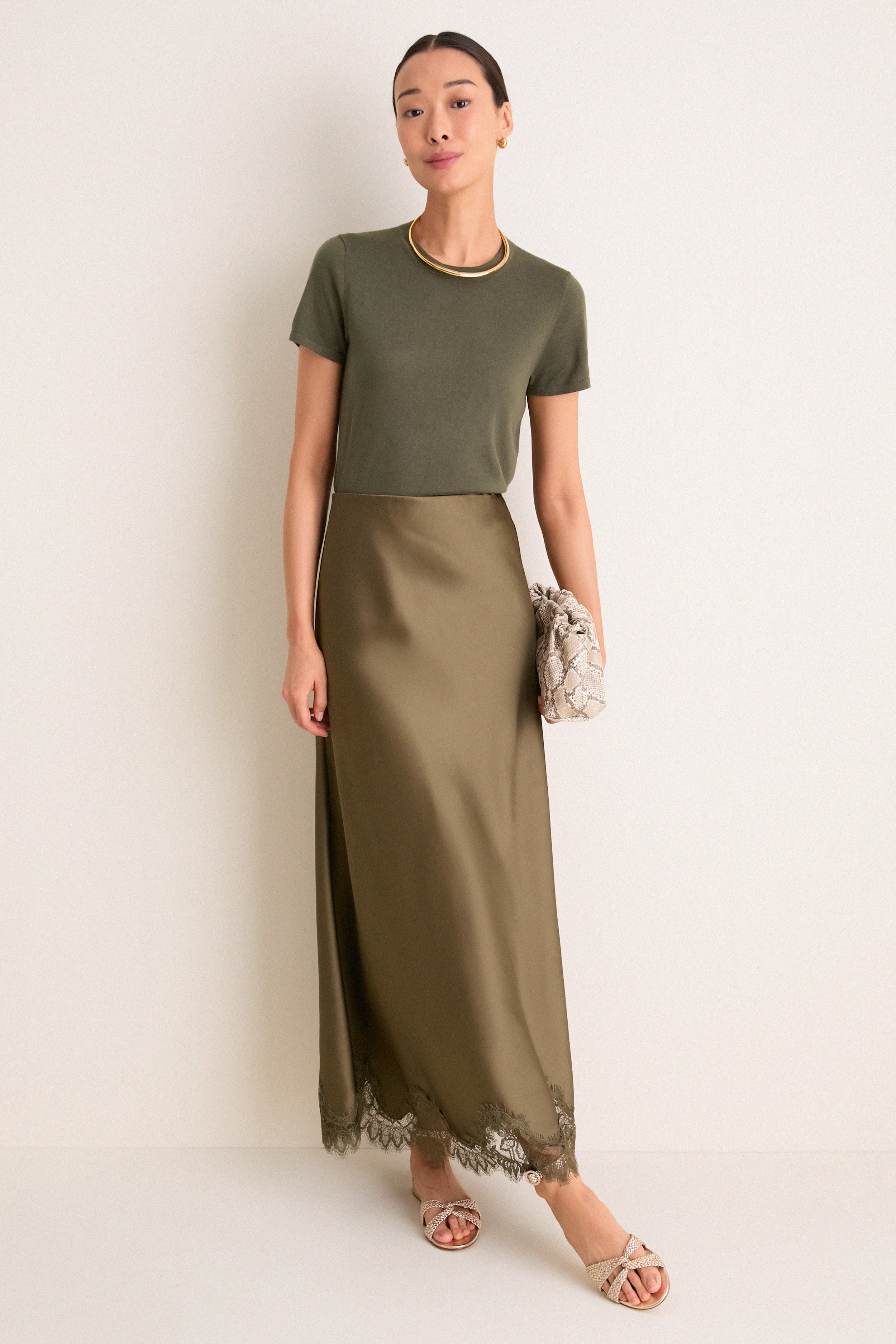 Burnt Olive Satin Mischa Slip Skirt | Tuckernuck