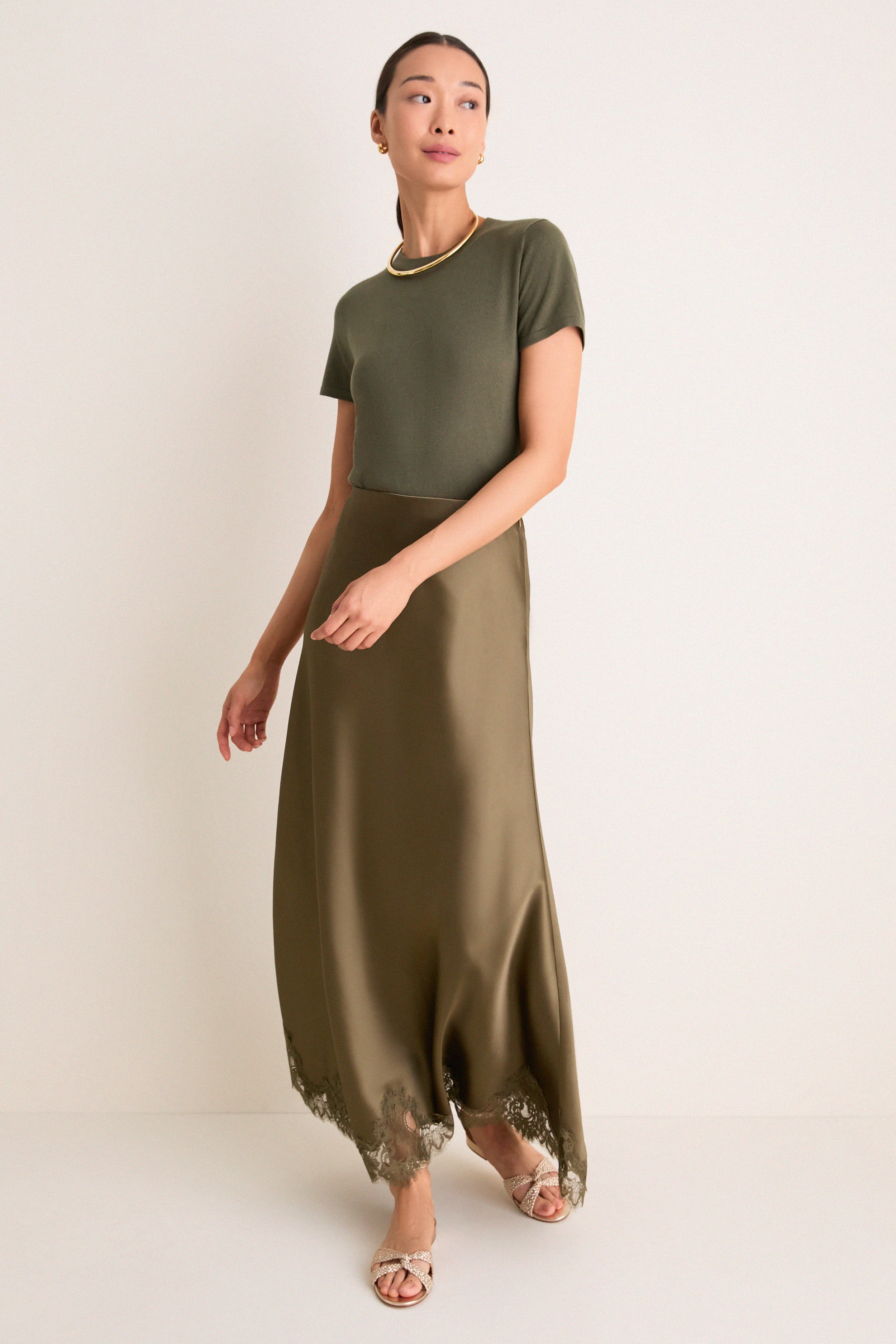 Burnt Olive Satin Mischa Slip Skirt