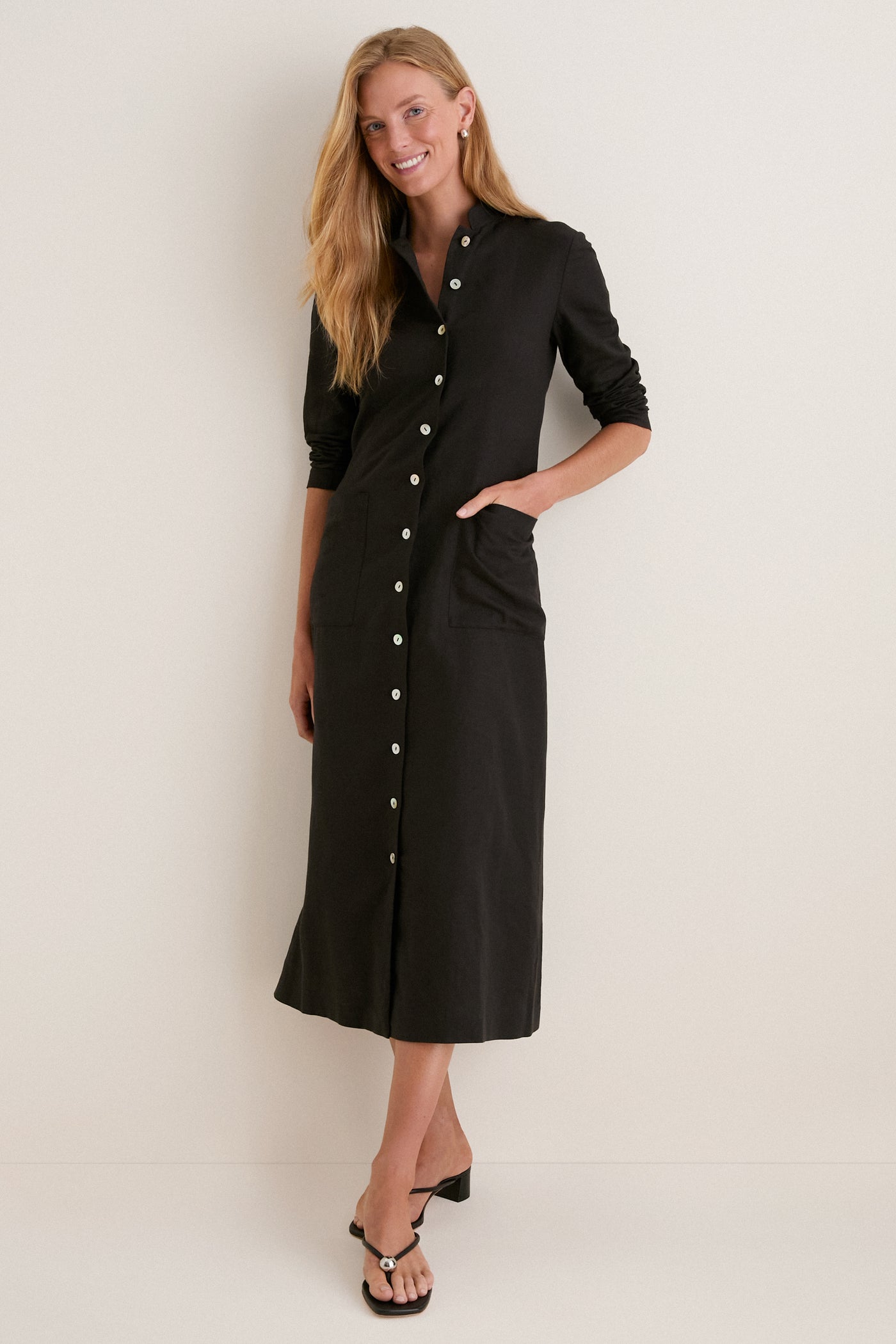 Black Cotton Linen Astra Button Down Dress