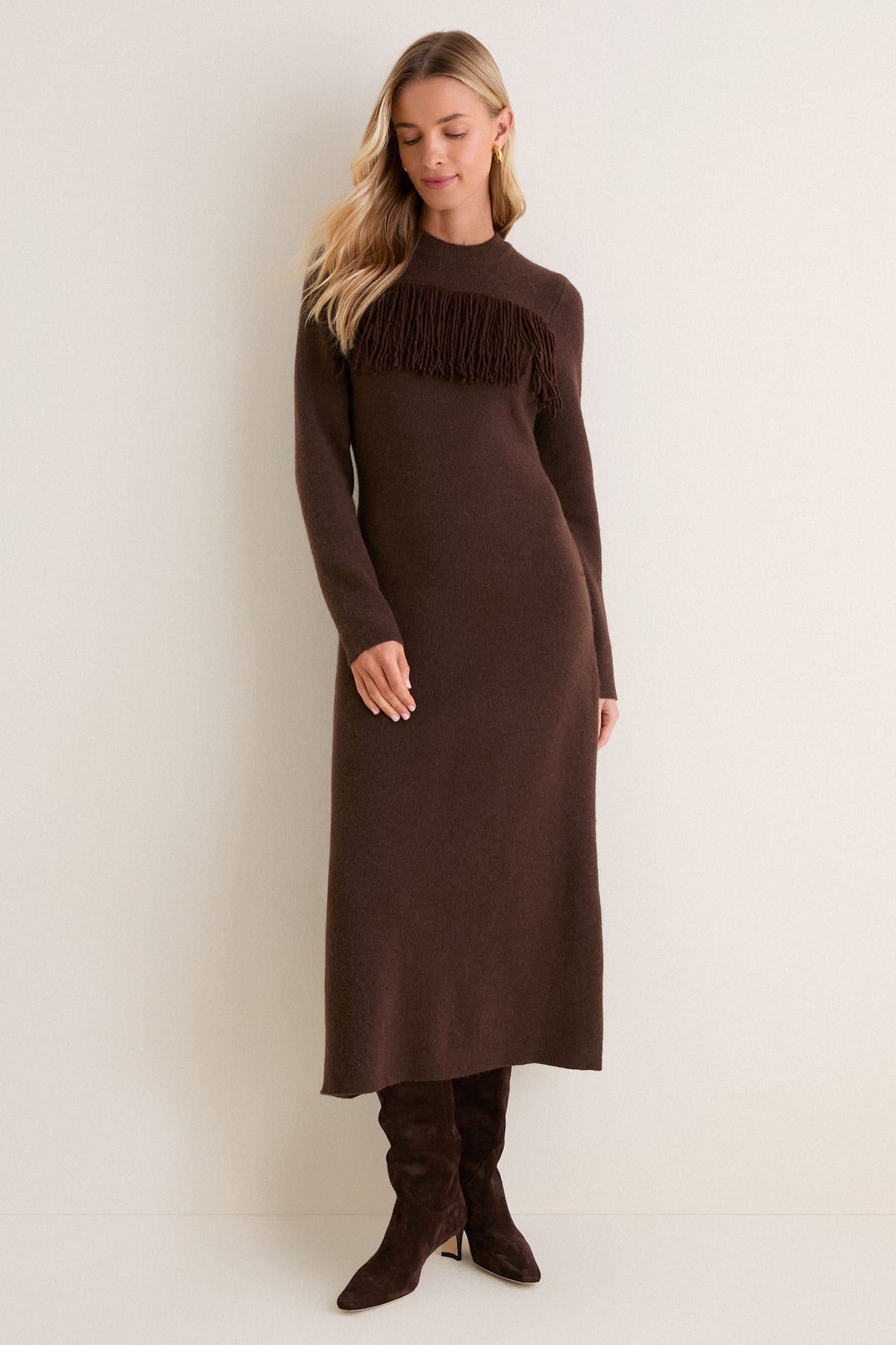 Brown Fringe Knit Julia Midi Dress