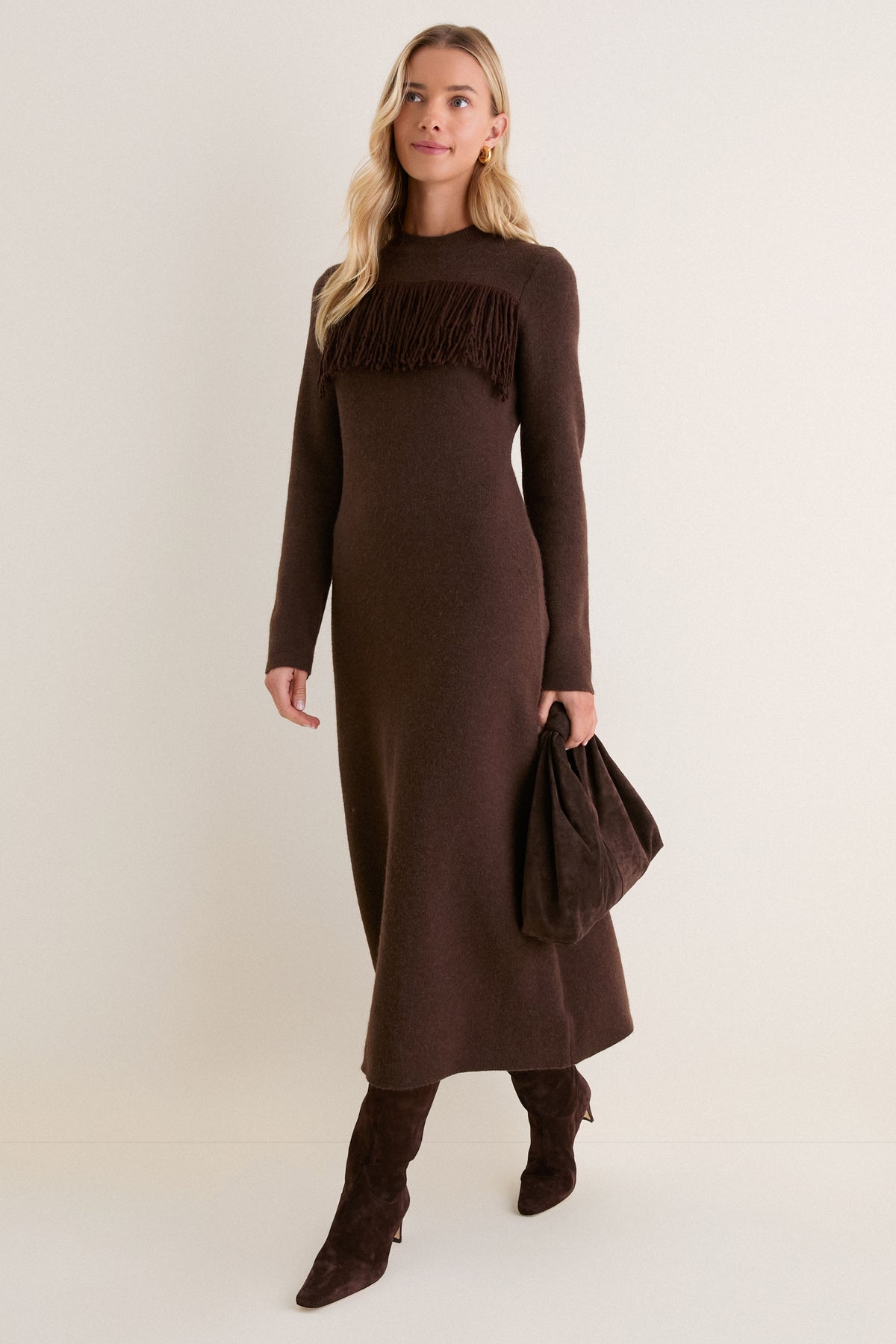 Brown Fringe Knit Julia Midi Dress