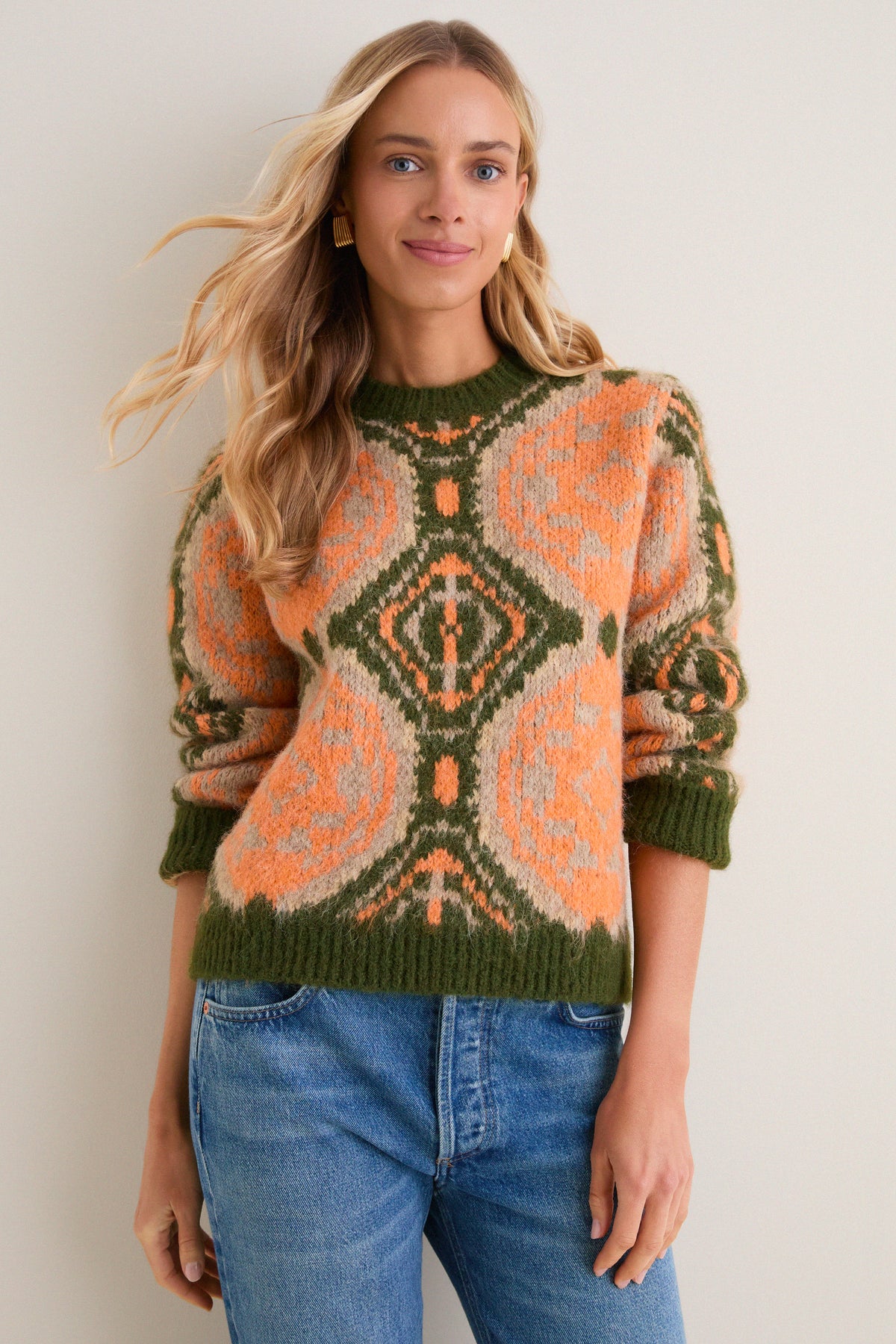 Orange & Olive Medallion Stephanie Crewneck