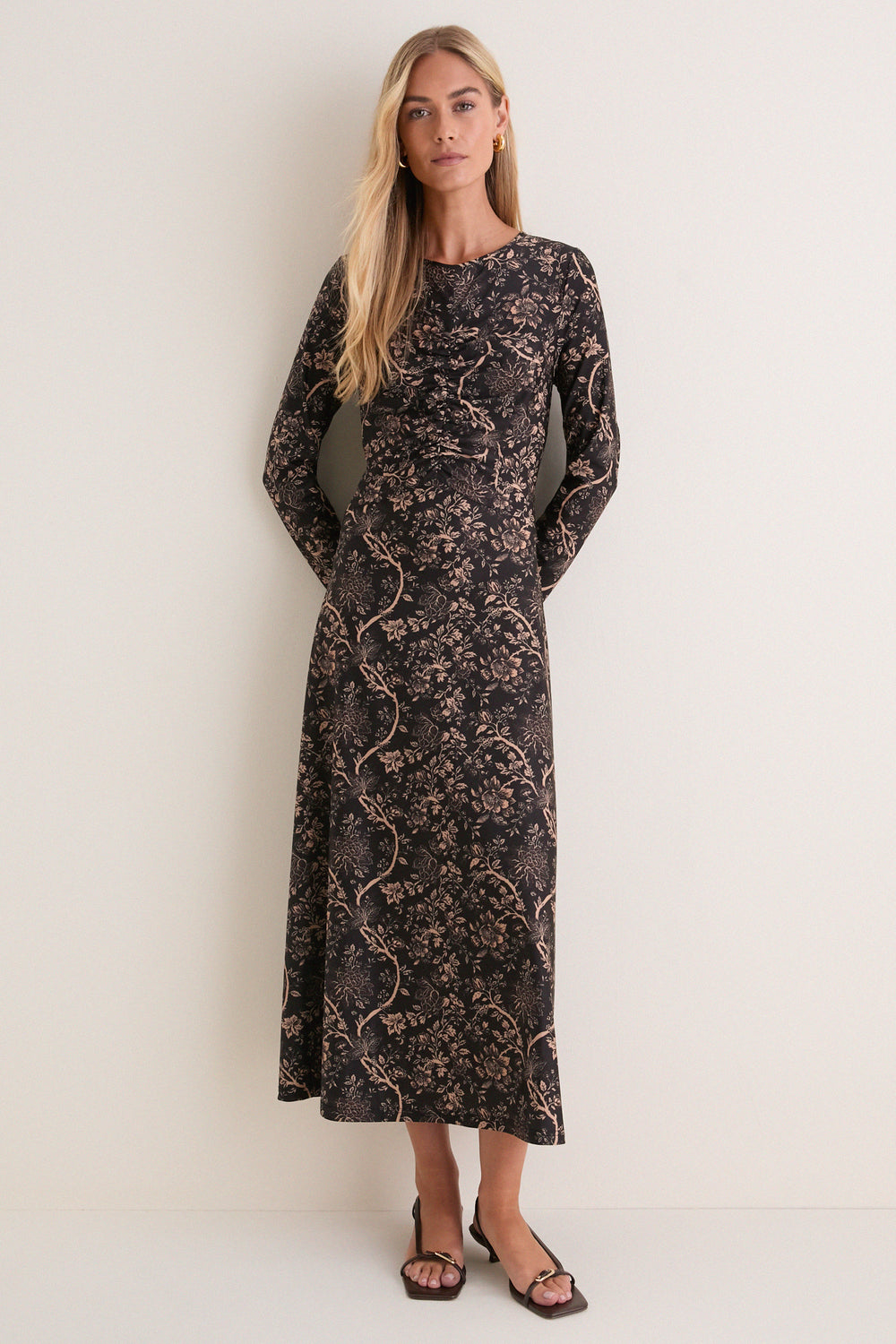 Fall Floral Jersey Ruched Kayla Maxi Dress
