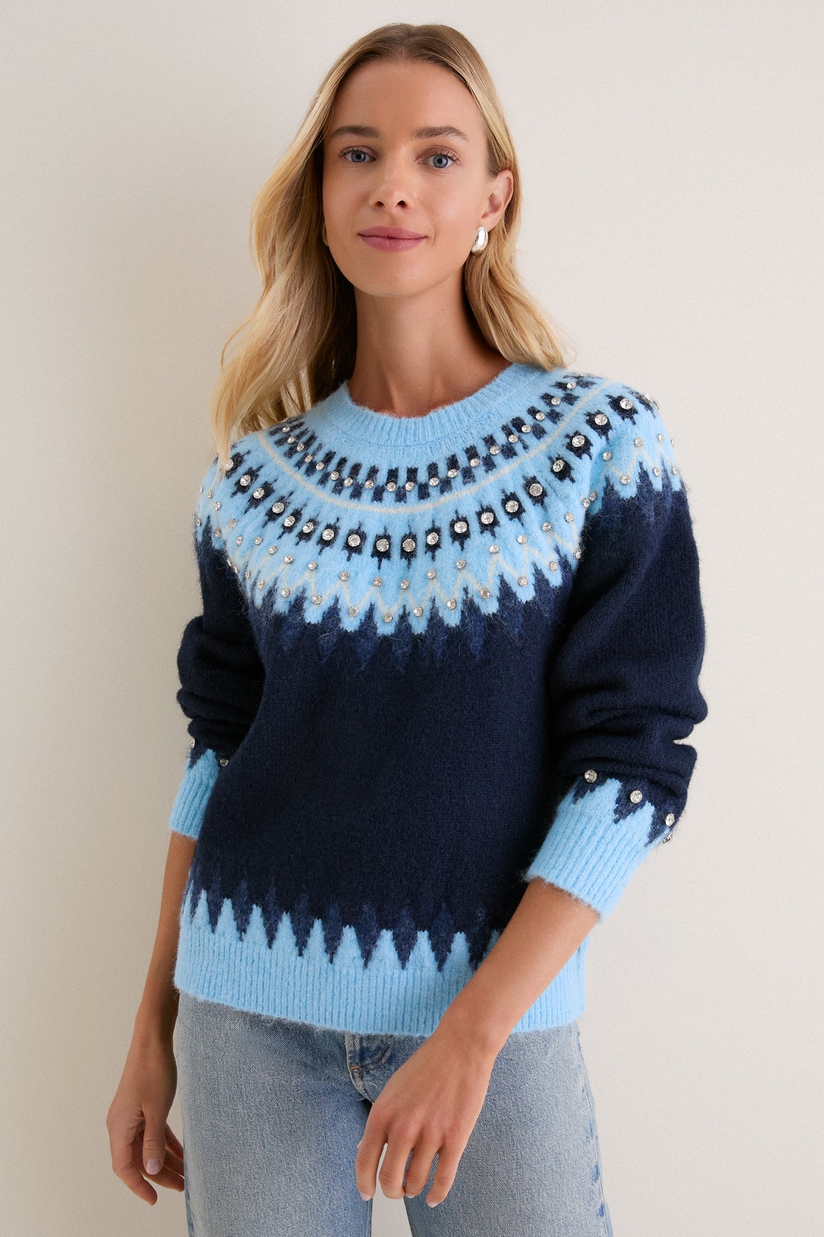 Glacier Fair Isle Embellished Heather Sweater