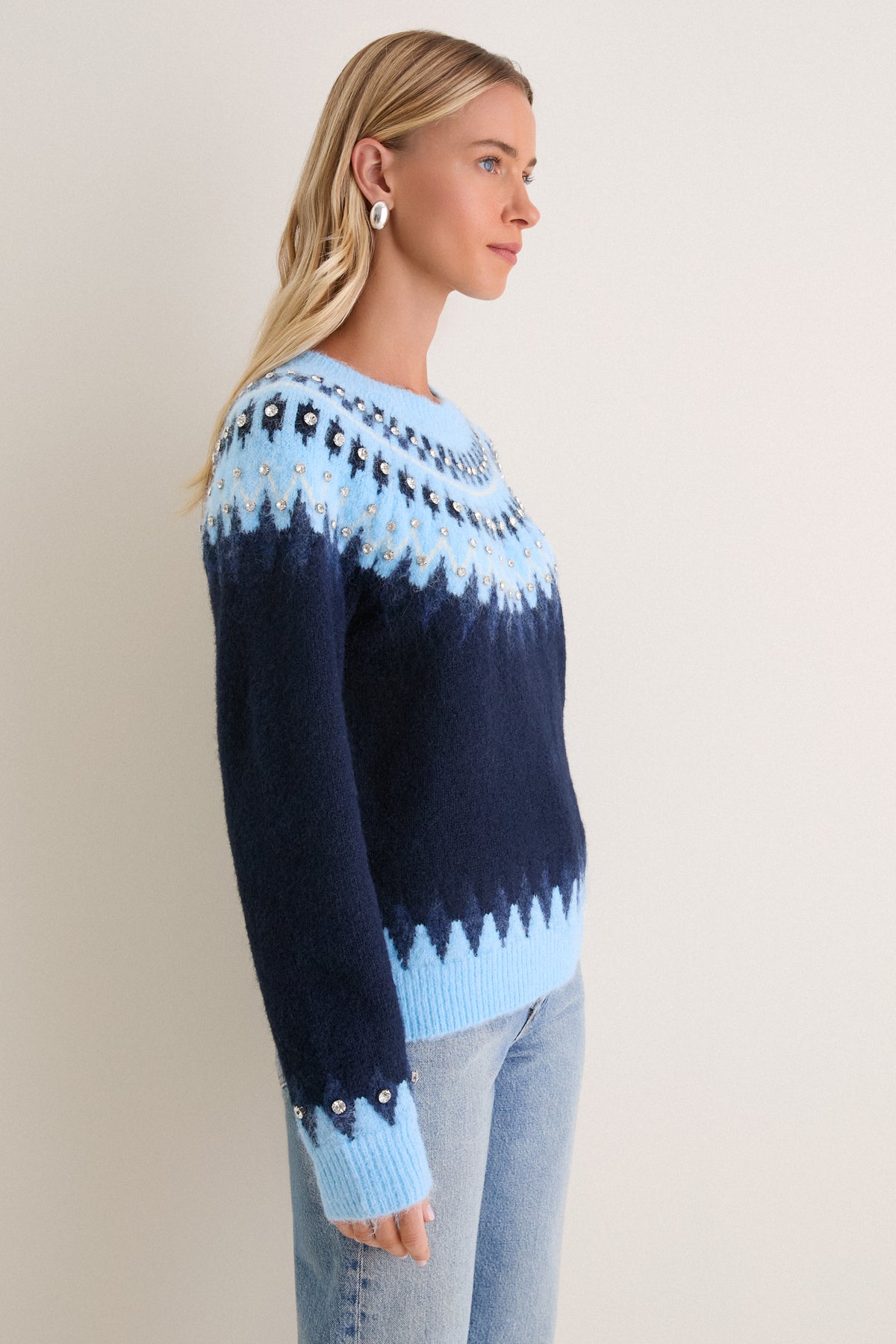 Glacier Fair Isle Embellished Heather Sweater