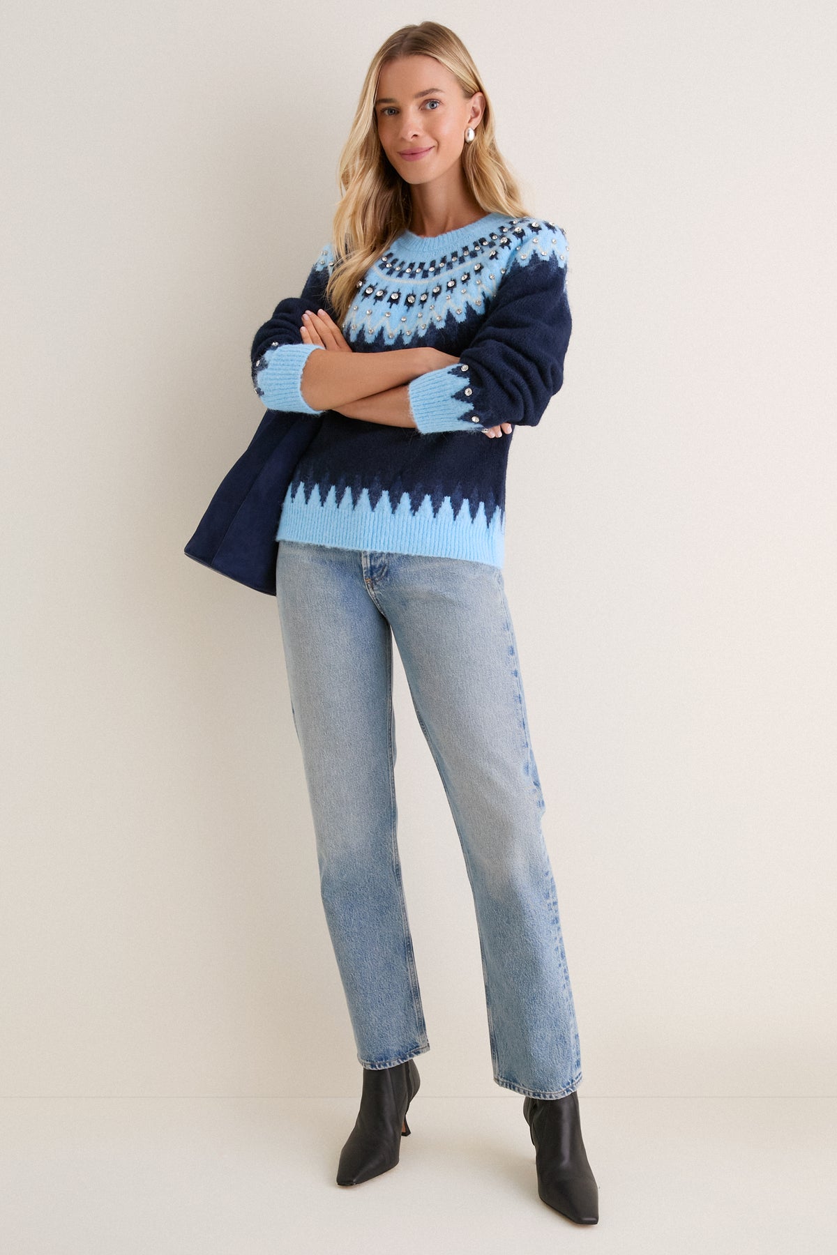 Glacier Fair Isle Embellished Heather Sweater