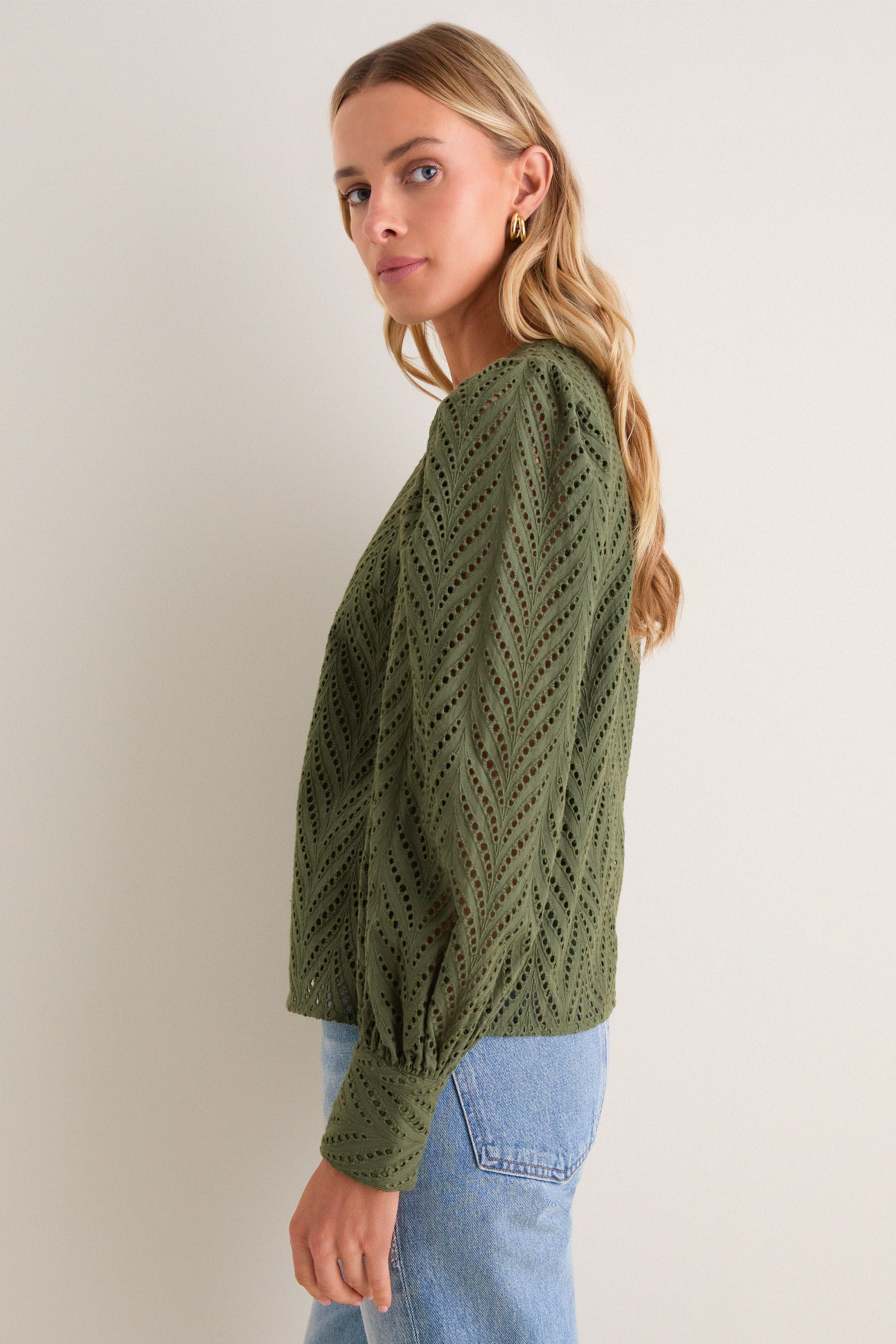 Olive Eyelet Long Sleeve Harriet Blouse