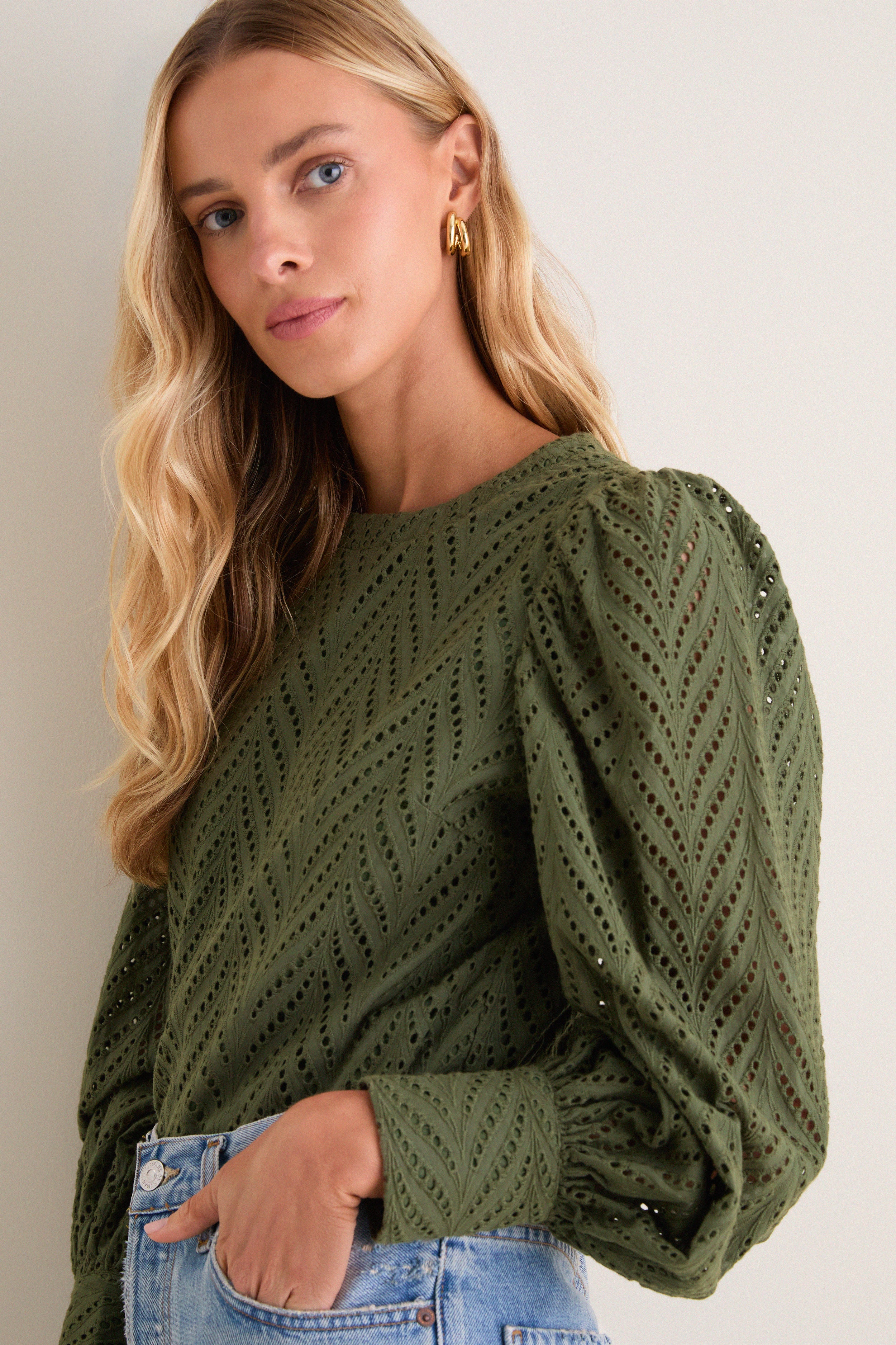 Olive Eyelet Long Sleeve Harriet Blouse