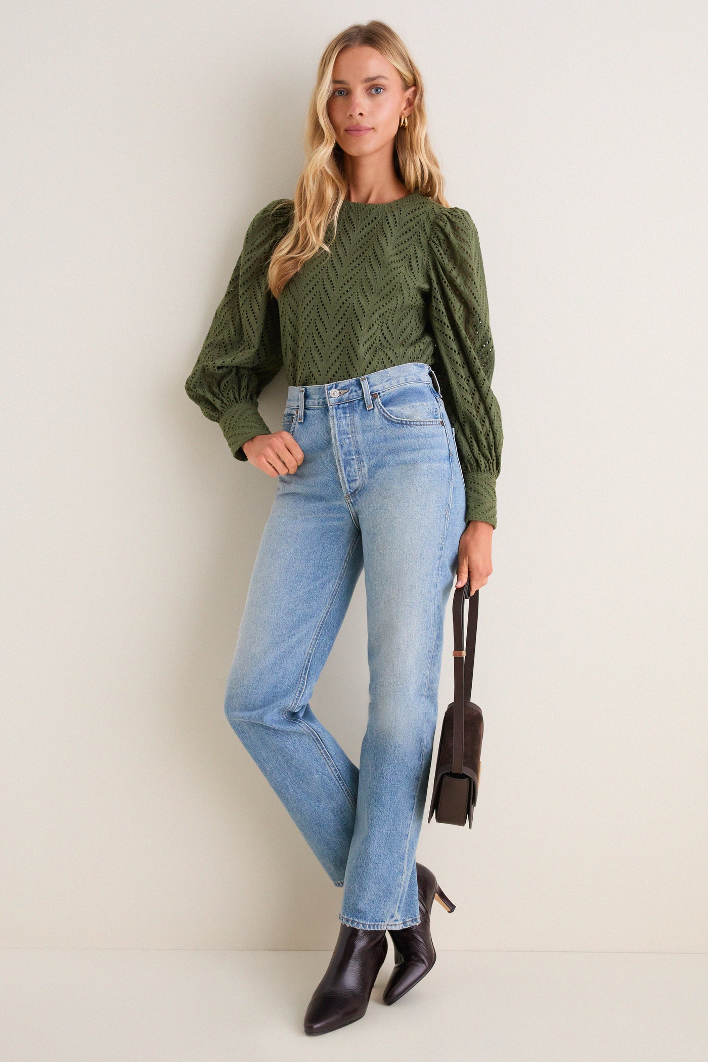 Olive Eyelet Long Sleeve Harriet Blouse