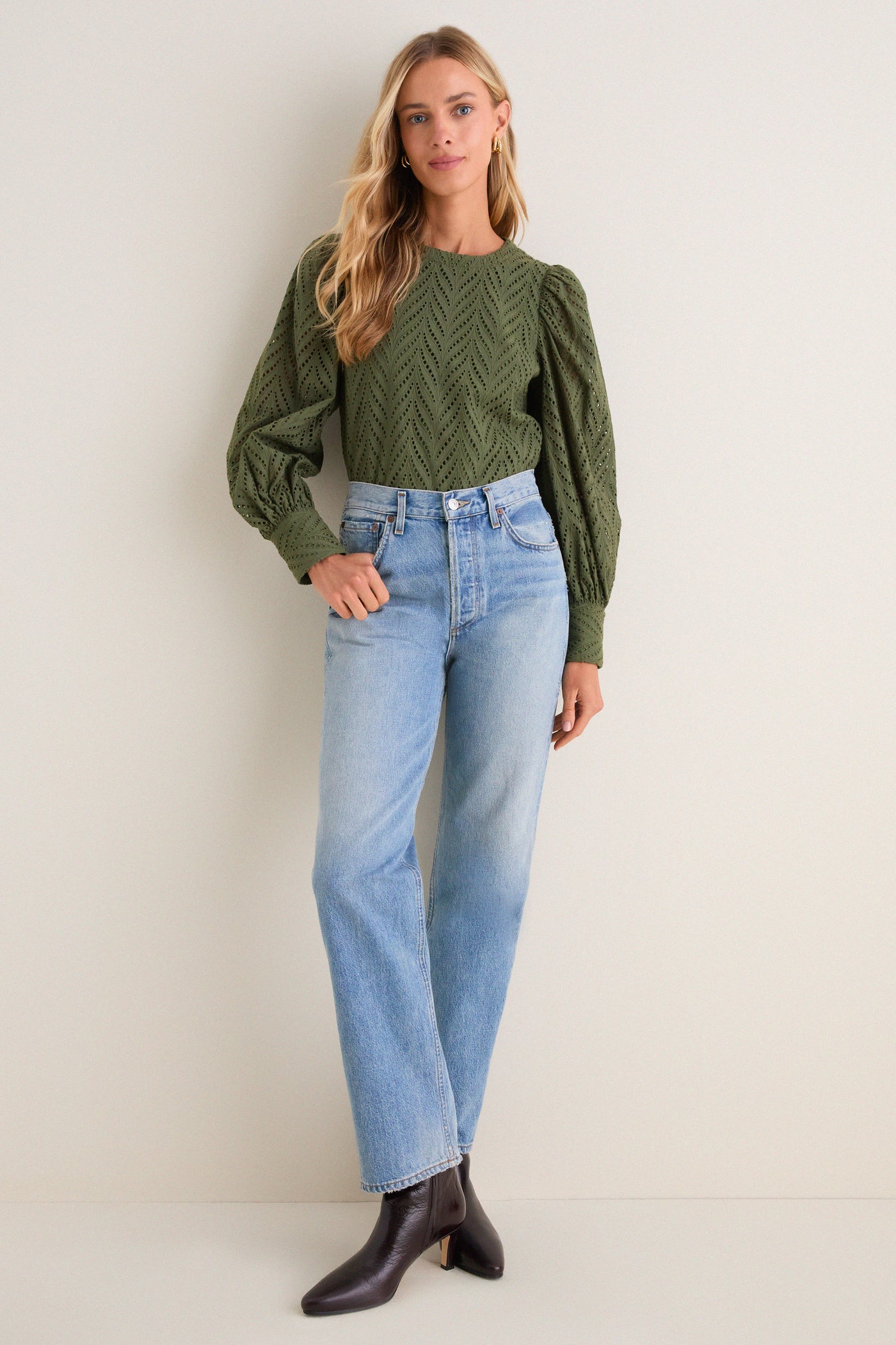 Olive Eyelet Long Sleeve Harriet Blouse