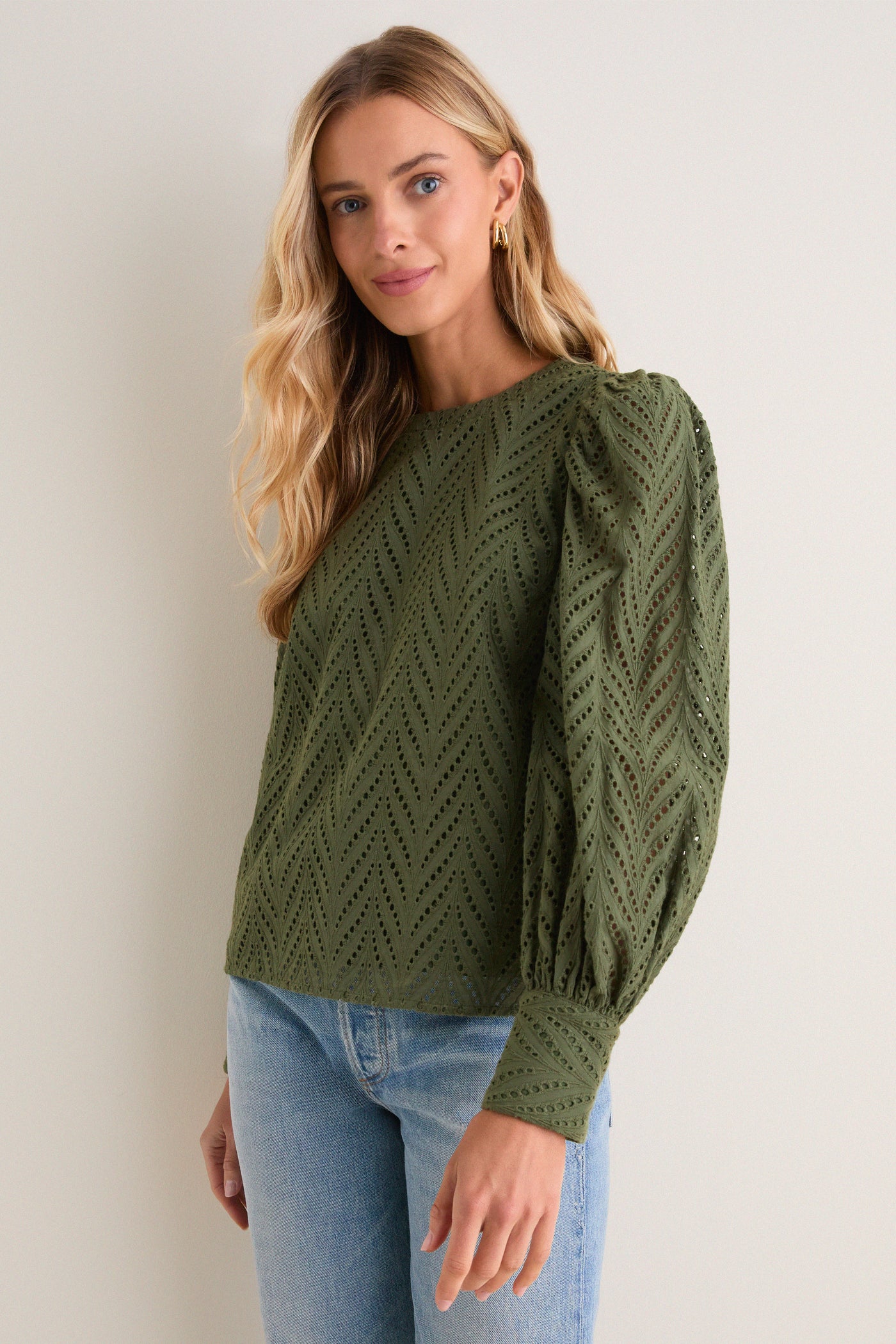 Olive Eyelet Long Sleeve Harriet Blouse