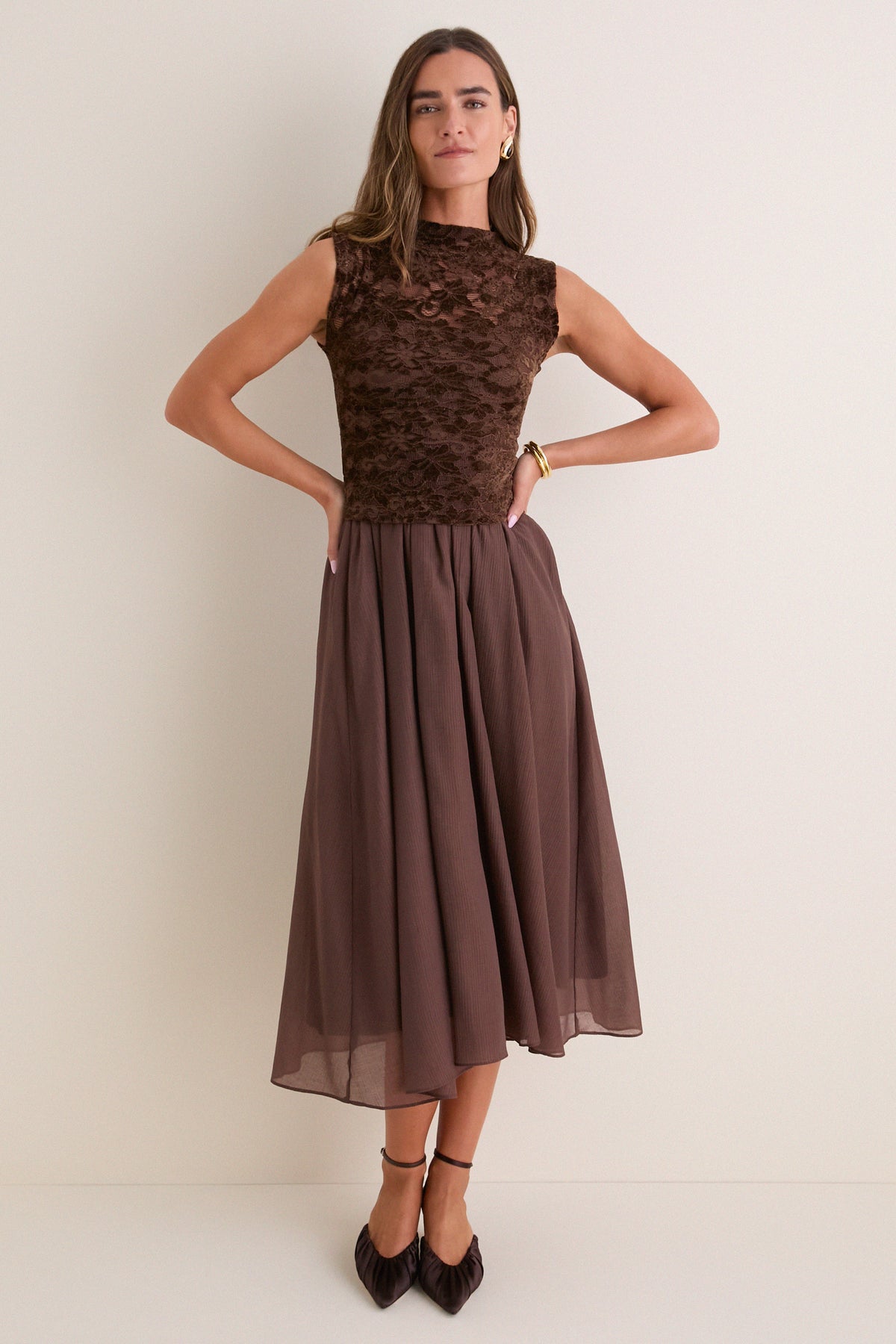 Brown Velvet Lace Twofer Midi Dress
