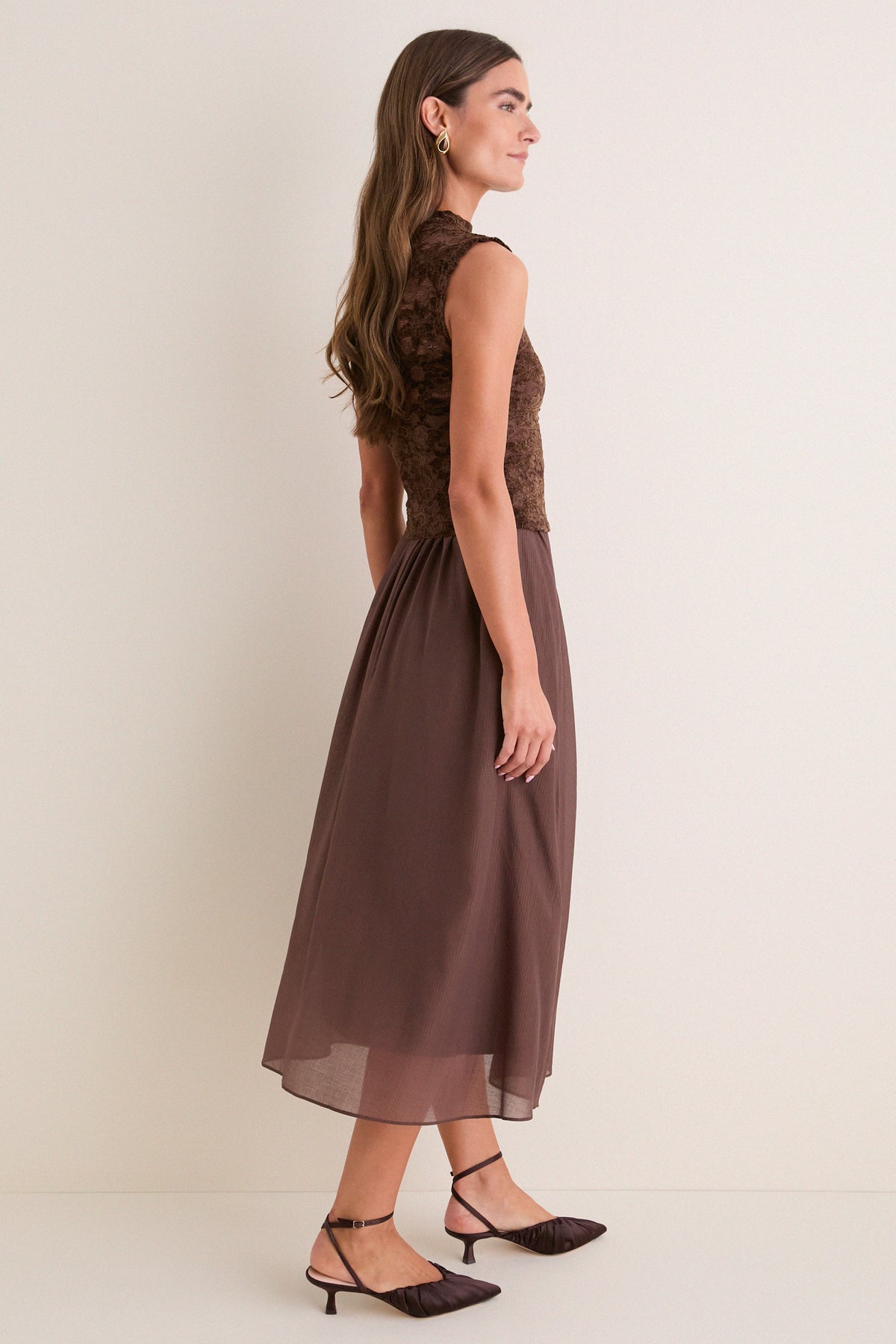 Brown Velvet Lace Twofer Midi Dress