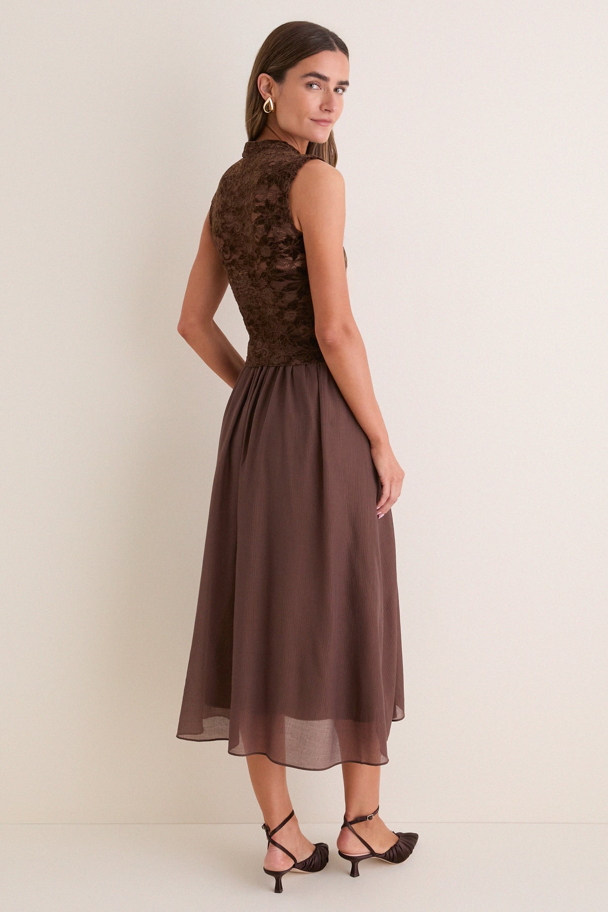 Brown Velvet Lace Twofer Midi Dress