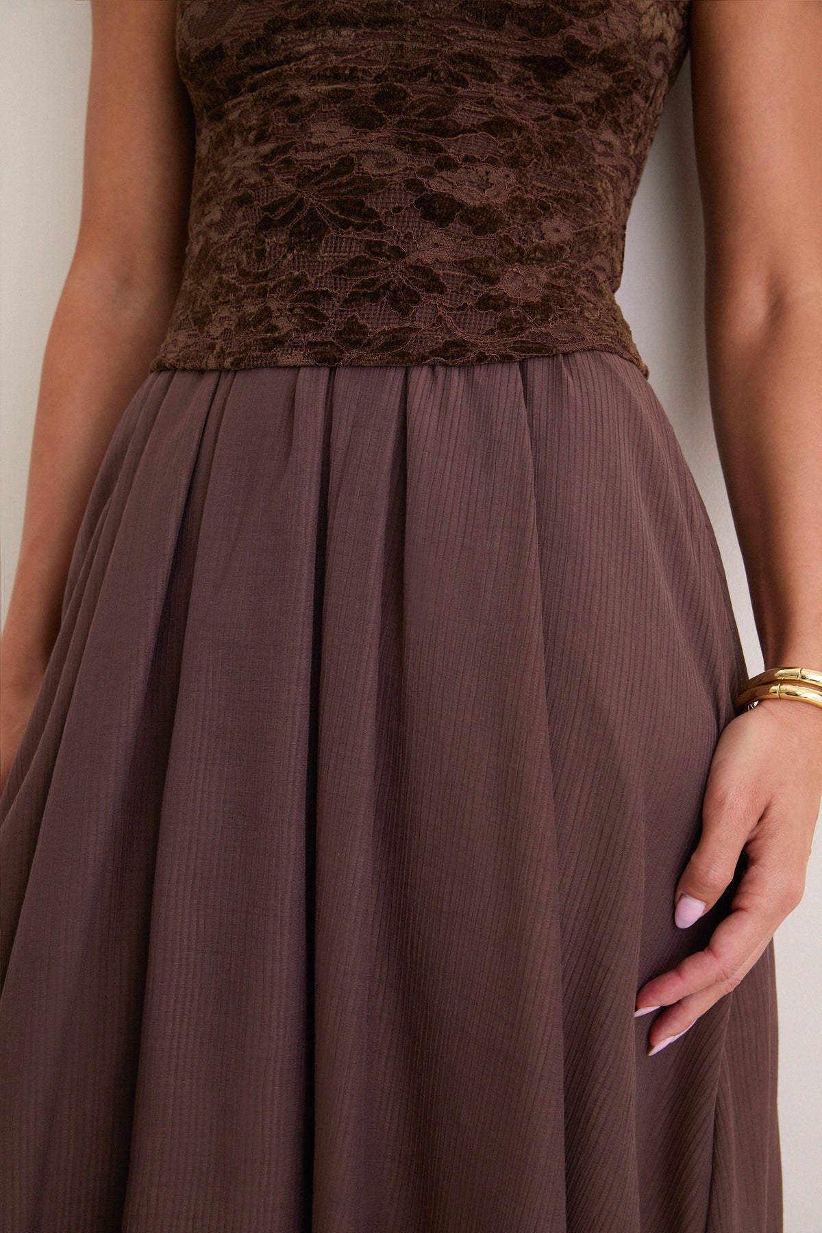 Brown Velvet Lace Twofer Midi Dress