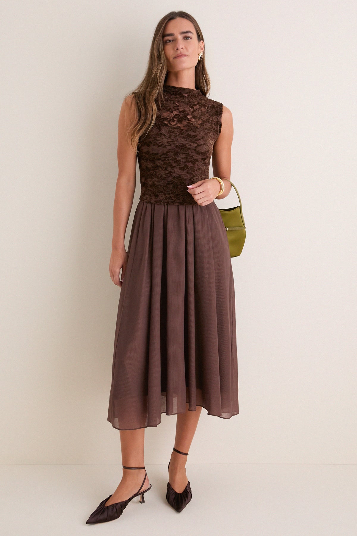 Brown Velvet Lace Twofer Midi Dress
