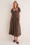 Mocha Multi Sweetheart Neck Puff Sleeve Midi Dress