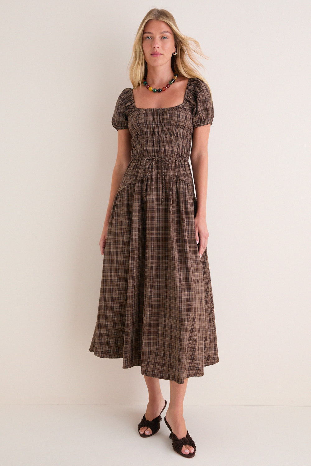 Mocha Multi Sweetheart Neck Puff Sleeve Midi Dress