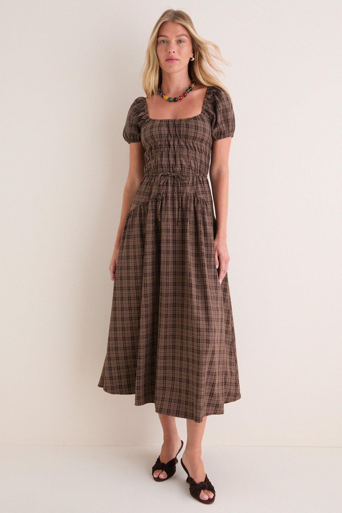 Mocha Multi Sweetheart Neck Puff Sleeve Midi Dress
