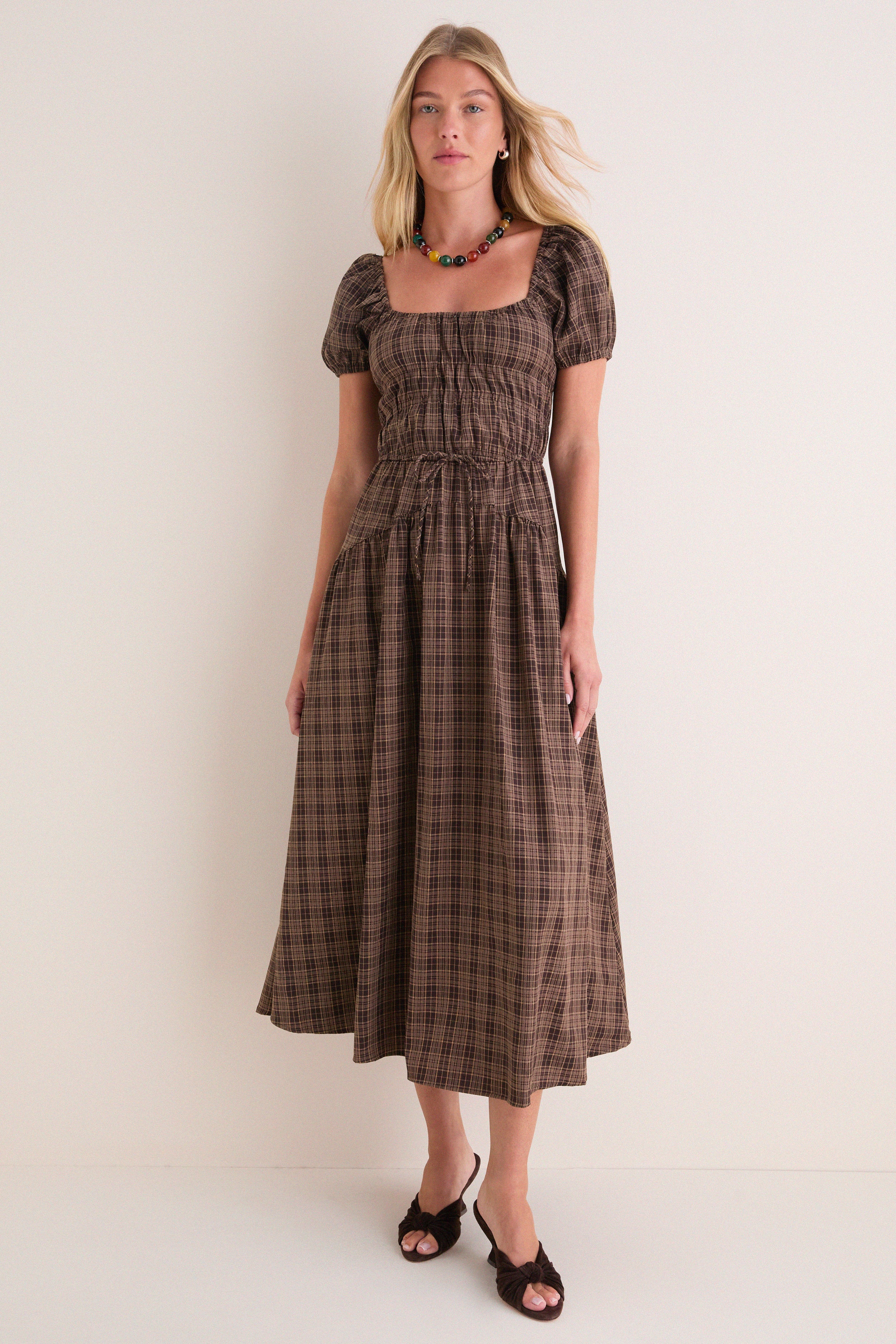 Mocha Multi Sweetheart Neck Puff Sleeve Midi Dress